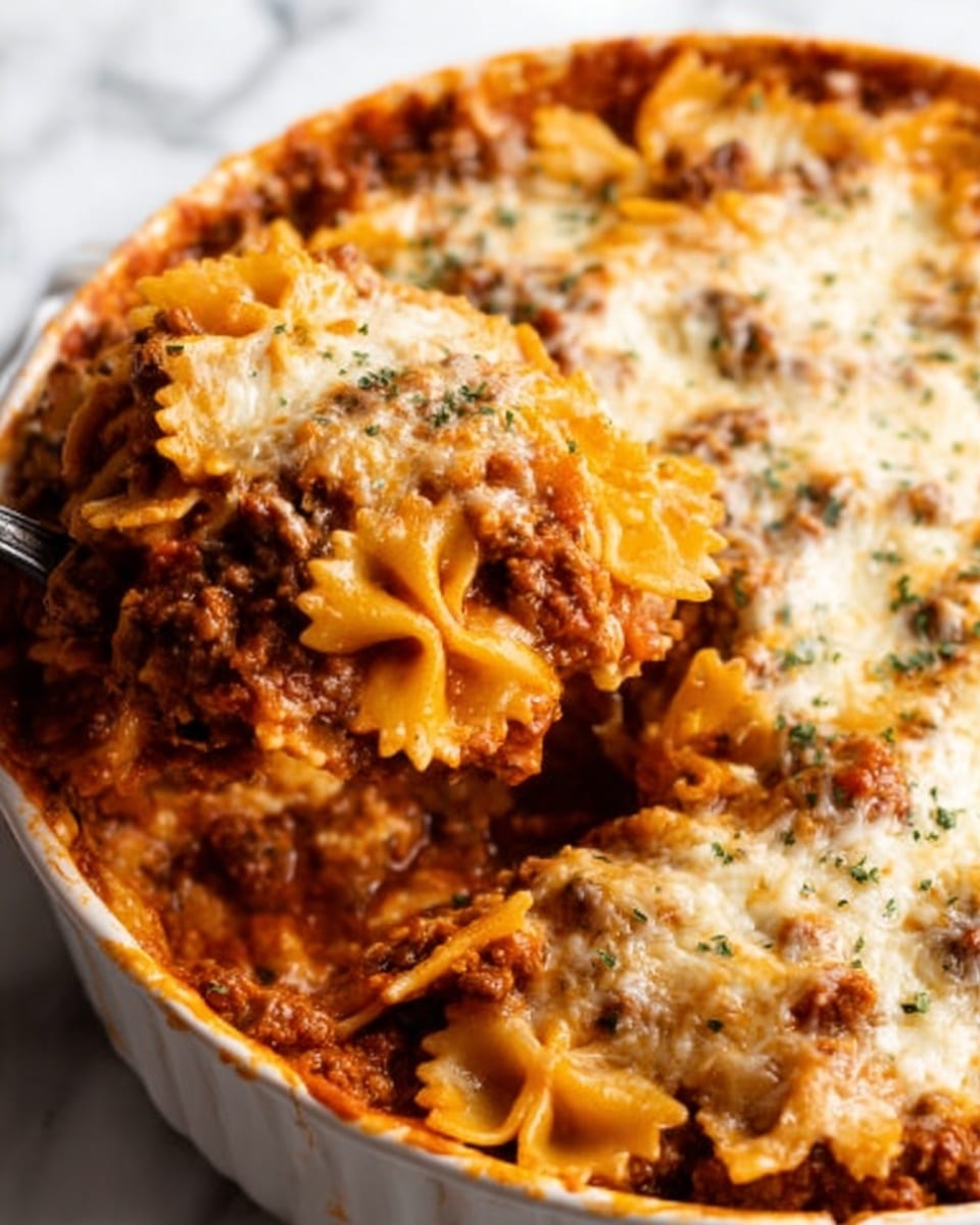 A close-up image of a baked pasta dish in a round white pan, showing three visible layers. The top layer is melted, slightly golden cheese with small brown spots and bits of parsley sprinkled on top. Beneath the cheese is a thick layer of ground meat sauce, rich red and brown in color with a chunky texture. The bottom layer consists of bowtie-shaped pasta, cooked and covered in the sauce, with some pasta visible around the edges where a portion has been removed, revealing a gooey blend of cheese and sauce. Photo taken with an iphone --ar 4:5 --v 7