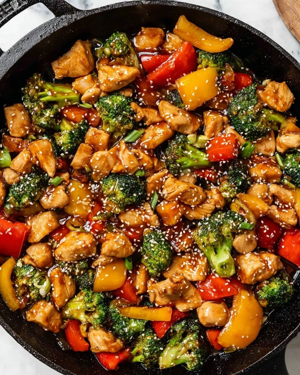 A close-up view of a black pan filled with a colorful stir fry showing three main layers: the first layer is made up of small, cubed pieces of cooked chicken with a light brown glaze, the second layer contains vibrant green broccoli florets, and the third layer features chunks of red and yellow bell peppers along with light yellow pineapple pieces, all coated evenly in a shiny sauce and sprinkled with white sesame seeds. The pan is placed on a white marbled surface. Photo taken with an iphone --ar 4:5 --v 7