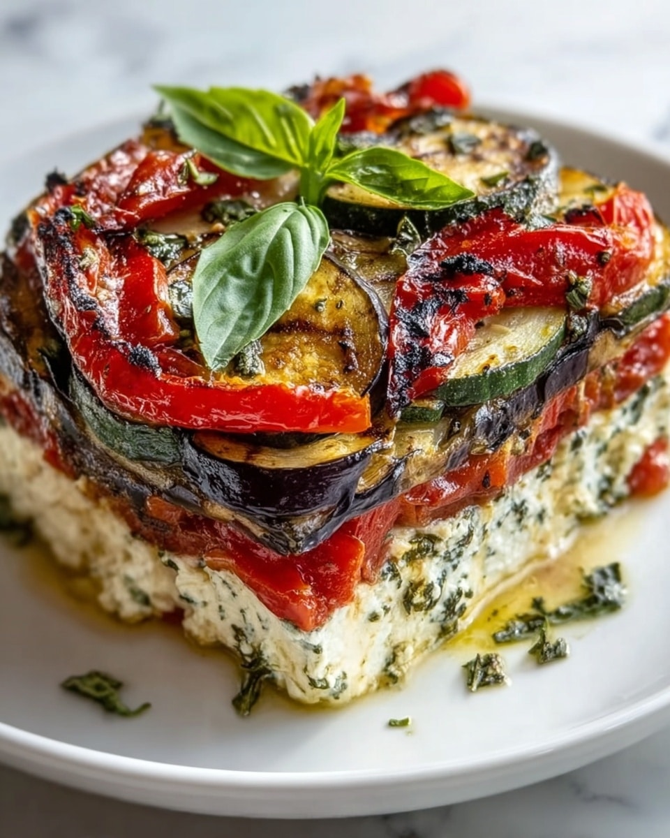 A square piece of layered vegetable dish sits on a white plate, placed on a white marbled surface. The bottom layer is a bright yellow vegetable, likely yellow squash, followed by a thick layer of white creamy cheese mixed with green herbs. Above this is a layer of grilled purple eggplant, topped with slices of green zucchini and roasted red bell peppers. The top is garnished with fresh green basil leaves. The textures range from soft creamy cheese to slightly charred vegetables, creating a colorful and fresh look. Photo taken with an iphone --ar 4:5 --v 7