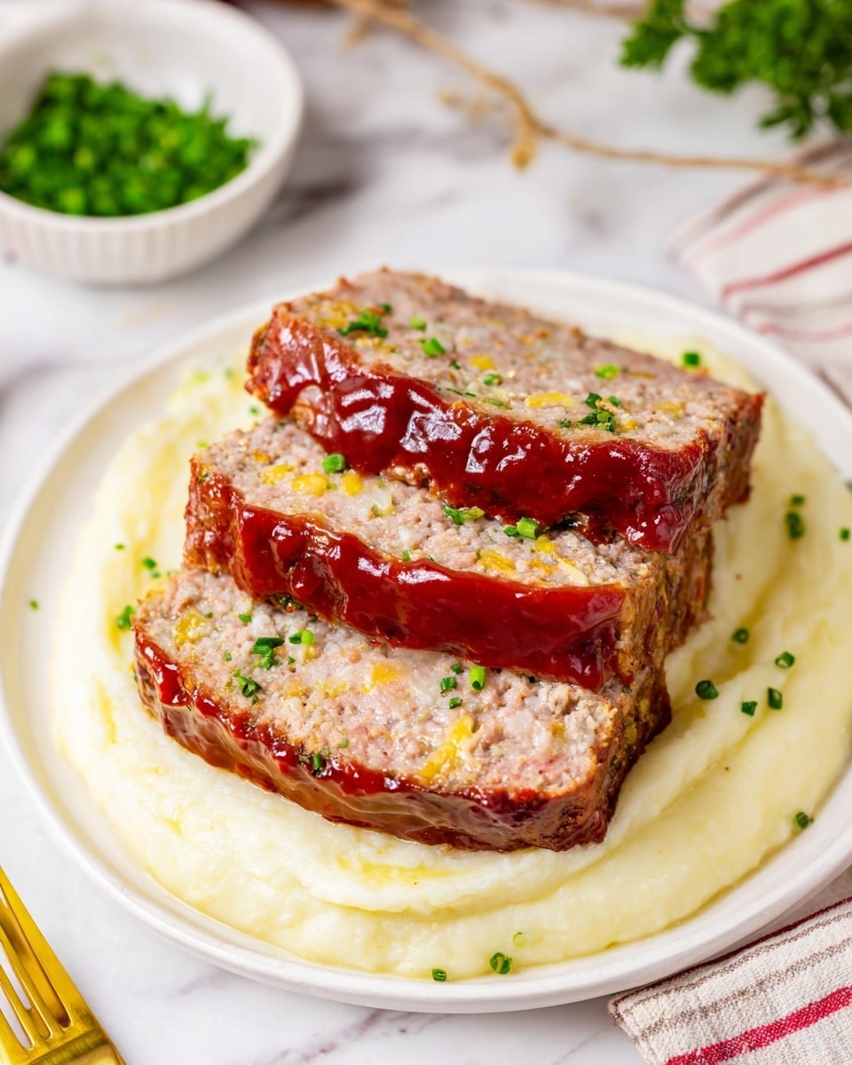 The image shows four thick slices of meatloaf with a reddish sauce glaze on top, stacked slightly angled on a smooth, creamy, pale yellow mashed potato base on a white plate. The meatloaf has a light, crumbly texture with small bits of herbs and vegetables visible inside, giving it a speckled look with some yellow cheese pieces. Small green herb sprinkles and a few red peppercorns decorate the mashed potatoes around the slices. The plate sits on a white marbled surface, with part of another white plate with a meatloaf slice and a small white bowl of chopped green herbs in the background. A gold fork and a cloth with red and green pattern touch the edge of the plate. Photo taken with an iphone --ar 4:5 --v 7