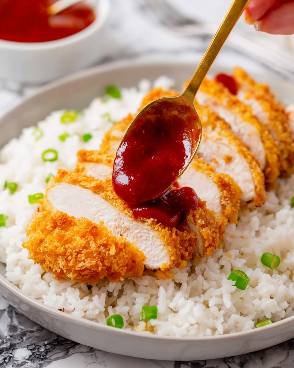 A white oval plate holds a bed of white rice sprinkled with small bits of green onions, surrounding sliced crispy fried chicken with a golden-brown crust on top. A golden spoon is pouring shiny, thick dark red sauce over the chicken slices from above. The plate sits on a white marbled surface, and there is a small white bowl of the same dark red sauce blurred in the background. Photo taken with an iphone --ar 4:5 --v 7