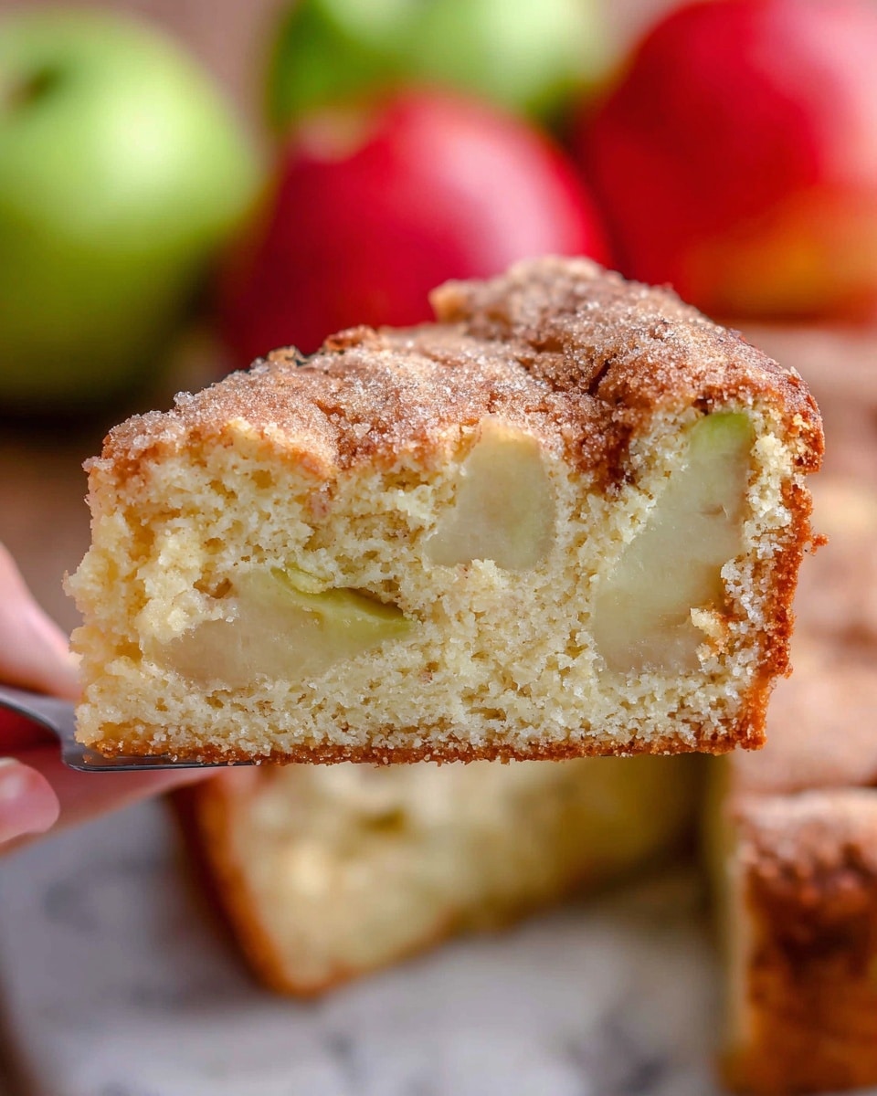 A close-up view of a slice of apple cake being held by a woman's hand, showing two main layers: a light golden-brown crust on the outside with a slightly coarse texture and a soft, moist inside filled with light yellow chunks of cooked apple in a dense, crumbly cake base. The cake surface is sprinkled with granulated sugar. The background shows whole green and red apples softly blurred, all set on a white marbled texture. photo taken with an iphone --ar 4:5 --v 7