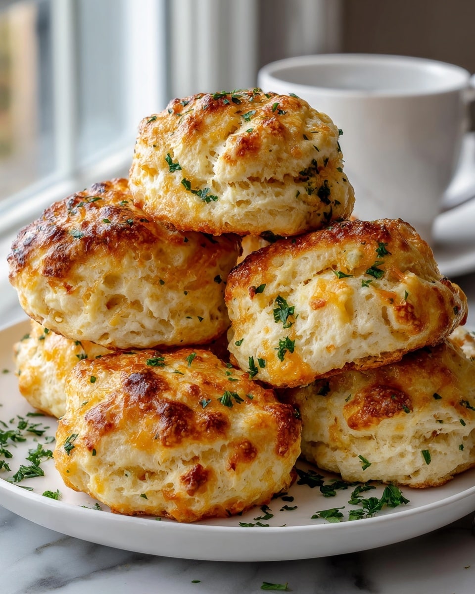 A white plate holds a stack of six golden-brown cheddar biscuits with visible baked crispy tops scattered with chopped green herbs. Each biscuit is round, slightly rough-textured, and fluffy inside with a soft crumb visible on the sides. The biscuits are stacked unevenly, some leaning on others, showing their light yellow interior speckled with cheese and herbs. In the background, a white cup of coffee sits on a wooden coaster against a window with green blurred outside. The setting rests on a white marbled surface with a white cloth and silver knife nearby. photo taken with an iphone --ar 4:5 --v 7