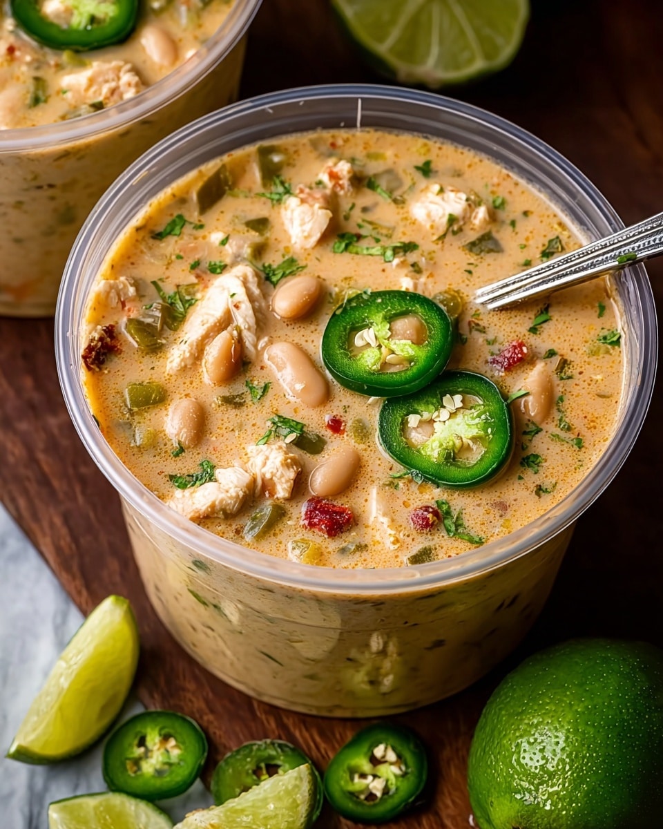 The image shows two clear plastic containers filled with a creamy soup, placed on a dark wooden table. The soup has a light beige broth with visible small chunks of white chicken, pale beige beans, and green chopped vegetables. The surface is topped with two slices of bright green jalapeño and sprinkled with finely chopped green herbs and red chili flakes. Next to the front container is a halved lime showing its vivid green inside and some slices of jalapeño. A silver spoon is inside the back container, and a whole lime and a wooden bowl with limes are blurred in the background. The surface underneath is a white marbled texture. photo taken with an iphone --ar 4:5 --v 7