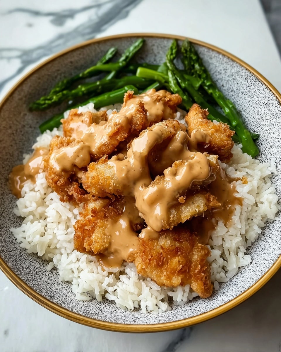 A white bowl filled with three main layers: the bottom layer is a bed of white rice with soft, distinct grains; on top, a layer of golden-brown crispy fried chicken pieces that look crunchy and coated with a light batter; drizzled over the chicken is a smooth, light brown creamy sauce, flowing naturally and covering parts of the chicken; at the back edge of the bowl, a cluster of dark green steamed vegetables adds a fresh touch; all placed on a white marbled surface. photo taken with an iphone --ar 4:5 --v 7