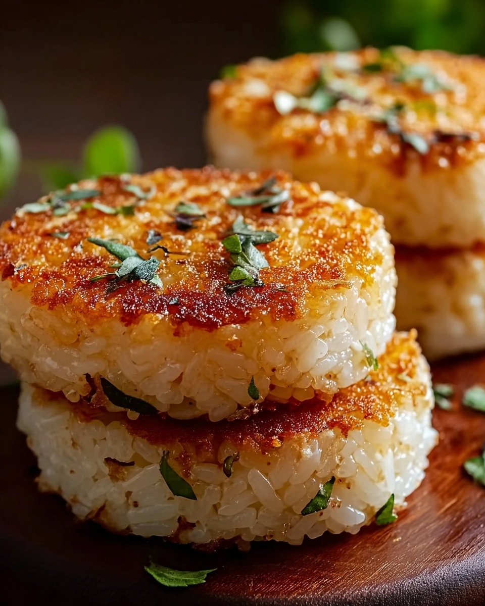 The image shows three golden-brown rice patties stacked closely on a wooden board. Each patty has a crispy, textured surface with a mix of light and dark brown colors, highlighting the toasted rice grains. Small pieces of green herbs are sprinkled on top, adding a fresh touch. The rice inside looks soft and sticky, contrasting with the crunchy outside. The background is blurry but hints at a white marbled texture underneath. Photo taken with an iphone --ar 4:5 --v 7