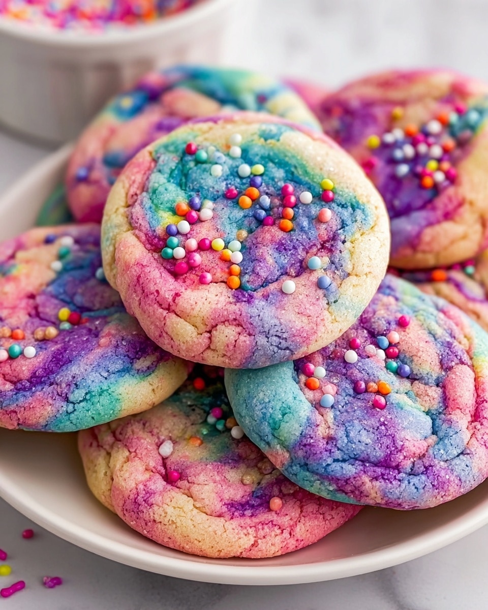 A close-up view of several soft, thick cookies stacked and touching each other on a white surface with a white marbled texture. Each cookie has a mix of bright pastel colors like pink, purple, blue, and a little yellow, creating a swirled, cloudy effect. The cookies have a slightly cracked surface texture and are topped with small round colorful sprinkles scattered unevenly. In the background, part of a white bowl or dish is holding more cookies. The photo taken with an iphone --ar 4:5 --v 7