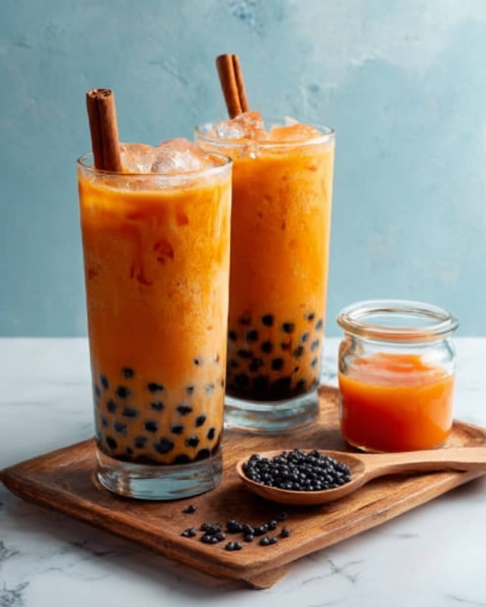 The image shows two tall clear glasses filled with layered bubble tea on a white marbled surface. The bottom layer of each glass contains black tapioca pearls, small and round with a shiny texture. Above this, there is a thick layer of creamy orange milk tea with a smooth texture, topped with ice cubes that create a slight sparkle. Each glass is garnished with a cinnamon stick standing vertically inside. Next to the glasses, there is a small white jar filled with the same orange drink and a wooden spoon holding extra black tapioca pearls, some of which are scattered around the spoon on the surface. The background is soft blue with subtle texture. Photo taken with an iphone --ar 4:5 --v 7
