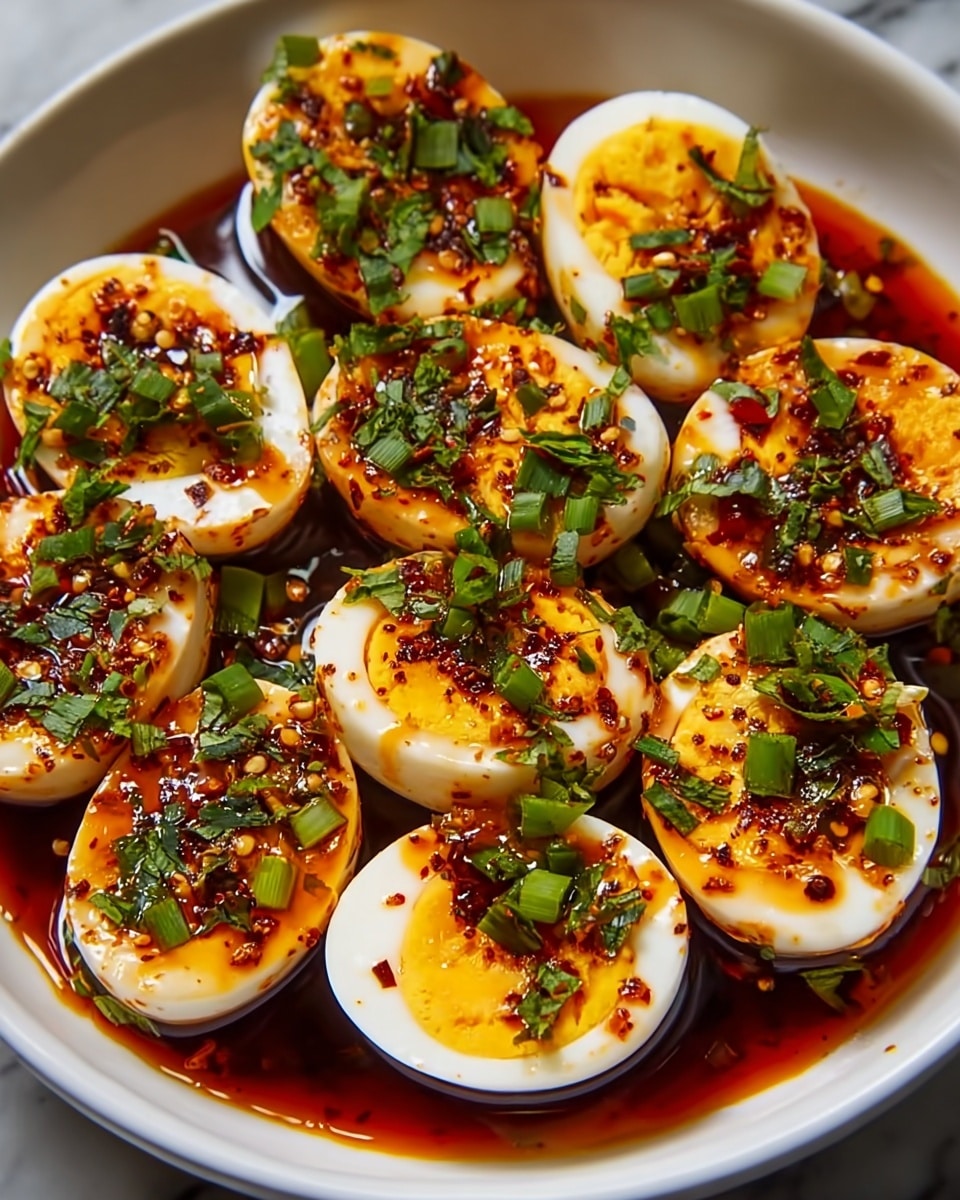 A white bowl holds about fifteen hard-boiled eggs cut in half, each showing a firm yellow yolk at the center of a smooth white egg white layer. The eggs are covered with a reddish-brown spicy sauce that adds a shiny, oily texture on top, mixed with small chili flakes and seeds. Bright green chopped herbs are sprinkled generously over the eggs, adding color contrast. The bowl rests on a white marbled surface. photo taken with an iphone --ar 4:5 --v 7
