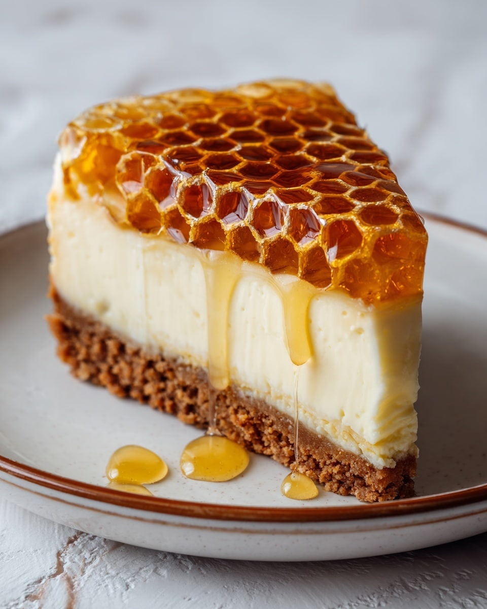 A slice of dessert with three layers sits on a white plate with a thin dark rim. The bottom layer is a rough, crumbly brown crust. The middle layer is thick, creamy, and pale yellow with a light, airy texture. The top layer mimics a shiny honeycomb with a rich golden brown color and hexagonal cells filled with glossy syrup that drips slightly onto the plate. A few drops of syrup rest on the plate around the slice, and the background shows a white marbled texture. Photo taken with an iphone --ar 4:5 --v 7