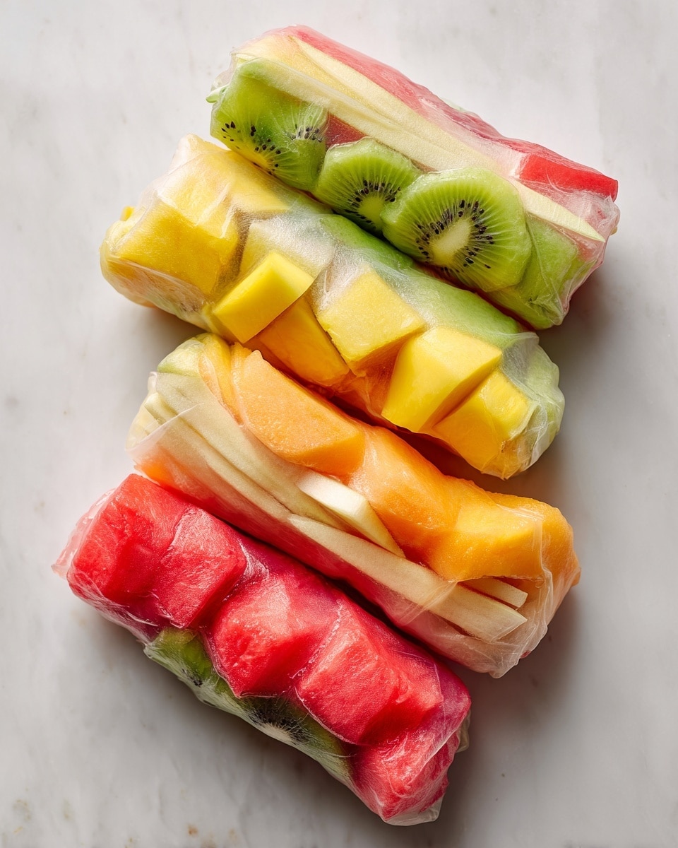 The image shows four fresh spring rolls cut in half to reveal their colorful layers inside a thin, translucent rice paper wrap. Each roll is packed with a mix of fruit pieces: the first layer at the bottom is bright red watermelon chunks, followed by light orange cantaloupe, then a layer of pale, crisp apple sticks, and at the top, slices of green kiwi and yellow mango or pineapple can be seen. The rolls are arranged close together on a white marbled surface, showing the layered textures and vibrant colors clearly. Photo taken with an iphone --ar 4:5 --v 7