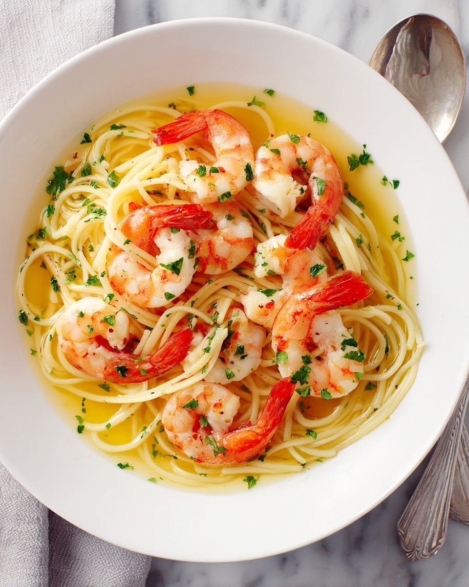 A white bowl filled with spaghetti pasta forming the bottom layer, light yellow in color and smooth in texture, partially soaked in a light golden sauce. On top and around the pasta, there are several plump, pink and white cooked shrimp with their tails on, arranged evenly. Small green chopped herbs are sprinkled over the entire dish, adding small pops of color. The bowl is sitting on a white marbled textured surface with a spoon and fork nearby. Photo taken with an iphone --ar 4:5 --v 7