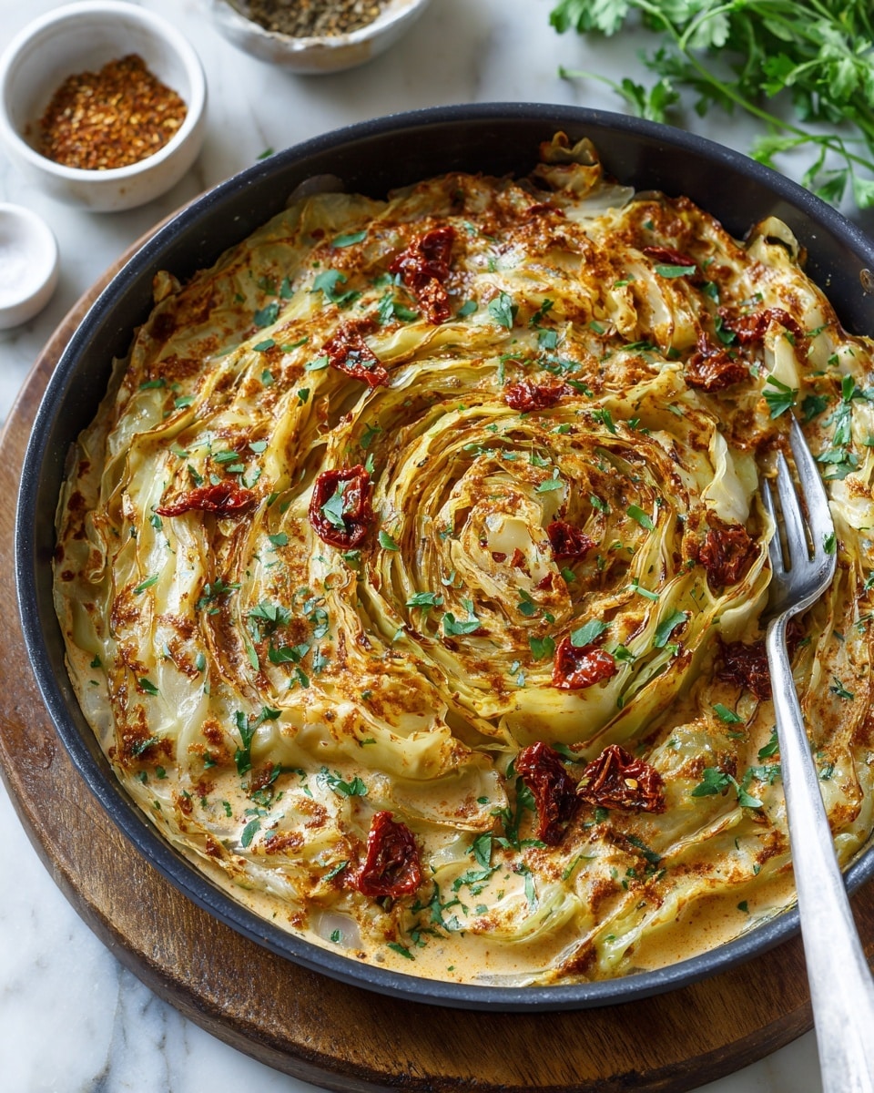 A round black pan holds a whole cooked cabbage cut into thick layers with a golden-brown color on the edges and creamy sauce in between the layers. The cabbage is topped with small pieces of dried red tomato and chopped green herbs. The creamy sauce is light beige with specks of black pepper, coating the cabbage and pooling at the pan's bottom. A silver fork is partially inserted on the side of the cabbage, and green parsley leaves are visible in the top left corner on a white marbled surface. Photo taken with an iphone --ar 4:5 --v 7