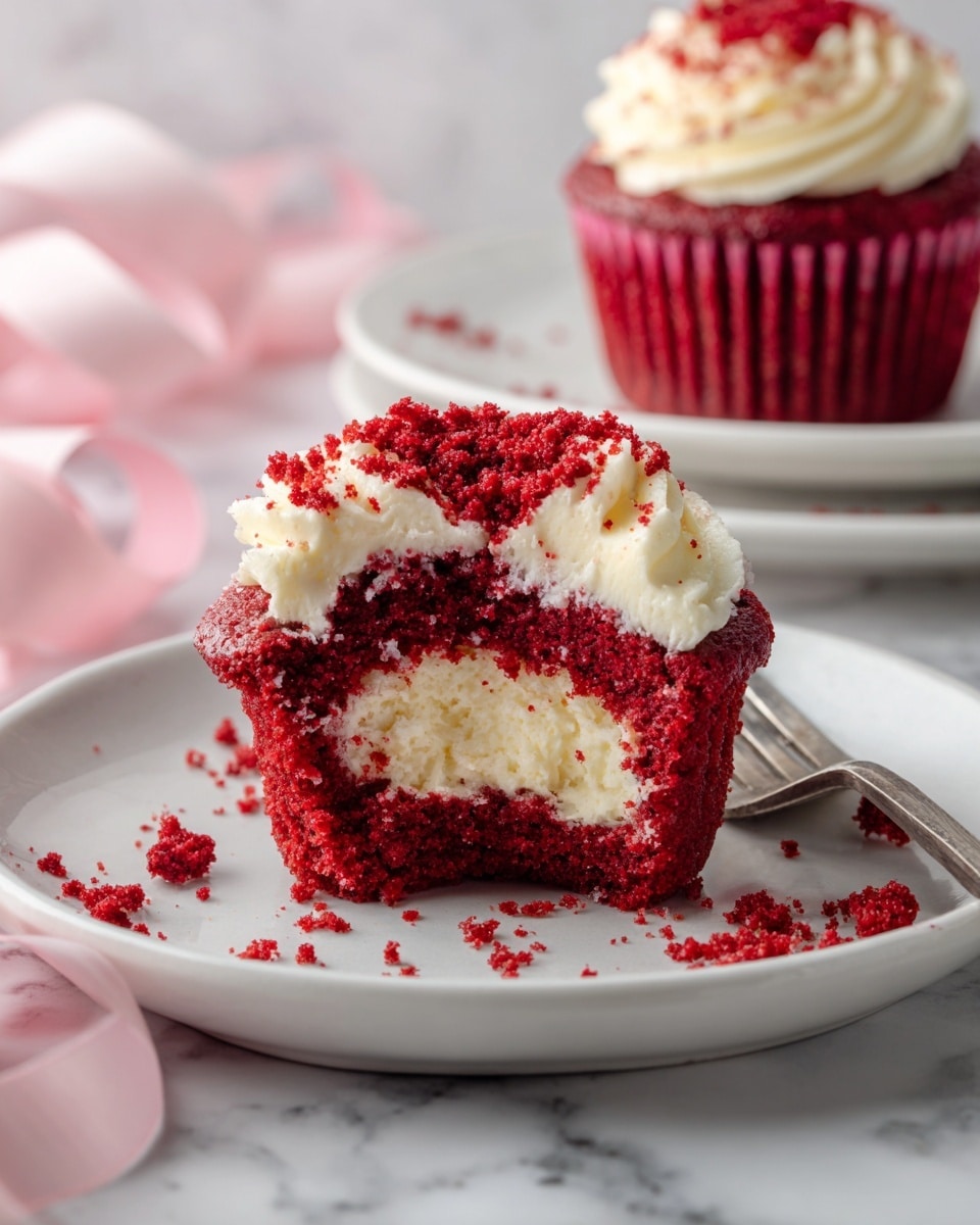 A small red velvet cake with three visible layers sits on a white plate on a white marbled surface. The outer layer is a deep red with a crumbly texture, covered in fine red crumbs. Inside, there are two creamy white layers with a smooth texture, separated by a dark red cake layer in the middle. The top is decorated with more red crumbs, and some crumbs are scattered around the base on the plate. The background is softly blurred, showing another similar cake on a white plate. Photo taken with an iphone --ar 4:5 --v 7
