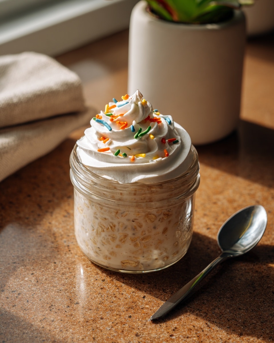 A small clear glass jar filled with a creamy chia seed pudding layer that has a light beige color and thick texture, topped with a generous swirl of white whipped cream sprinkled with colorful round and rod-shaped sprinkles in green, yellow, orange, white, and red. The jar sits on a polished brown granite surface next to a silver spoon, with a folded beige cloth and blurred window background behind it. photo taken with an iphone --ar 4:5 --v 7
