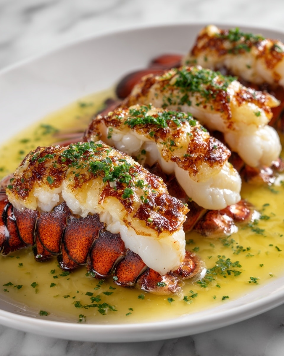 The dish shows four lobster tails arranged on a white plate, each with one main layer of the white, tender lobster meat sitting neatly on top of the reddish-brown lobster shell. The lobster meat is covered with a golden brown crust from grilling and is drizzled generously with a shiny yellow butter sauce mixed with chopped green herbs. The sauce pools slightly around the tails on the plate, adding a glistening effect. The texture of the lobster meat looks soft and juicy, while the shell underneath provides stability and color contrast. photo taken with an iphone --ar 4:5 --v 7