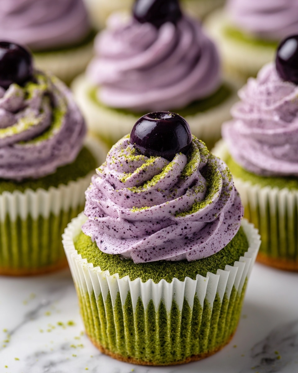 A close-up image of a mulberry matcha cupcake with three visible layers: the bottom layer is a green matcha cupcake with a soft texture in a white ridged paper liner, the middle layer is light purple mulberry whipped frosting shaped in a large swirl with a slightly rough texture, and the top layer is a smaller swirl of the same frosting sprinkled with green matcha powder and crowned by a single dark purple mulberry berry. The cupcake stands on a white marbled cake stand with a few mulberries and scattered green matcha powder around it. In the background, more similar cupcakes are slightly out of focus. The setting has a clean, bright appearance. Photo taken with an iphone --ar 4:5 --v 7