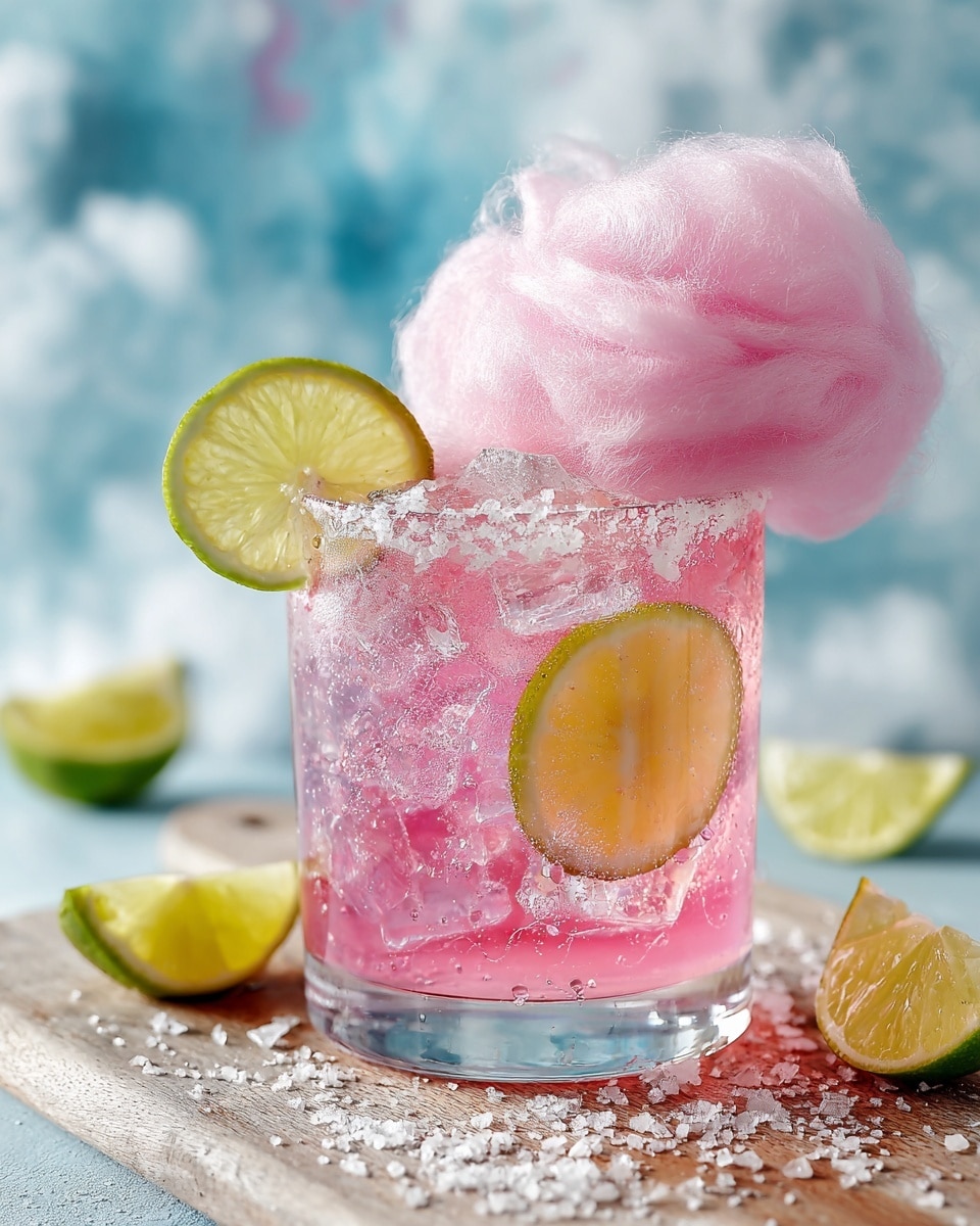 A short clear glass holds a two-layer pink drink with ice; the bottom layer is a brighter pink and the top layer is a lighter pink with small ice cubes floating. Two thin lemon slices are inside the drink, one near the middle and one at the rim. On the glass rim, there is a large, fluffy pink cotton candy attached behind the lemon slice, which has a green edge and pale yellow center. Granulated sugar is scattered around the base of the glass on a white marbled surface, with additional lemon slices placed nearby. The photo is taken with an iphone --ar 4:5 --v 7