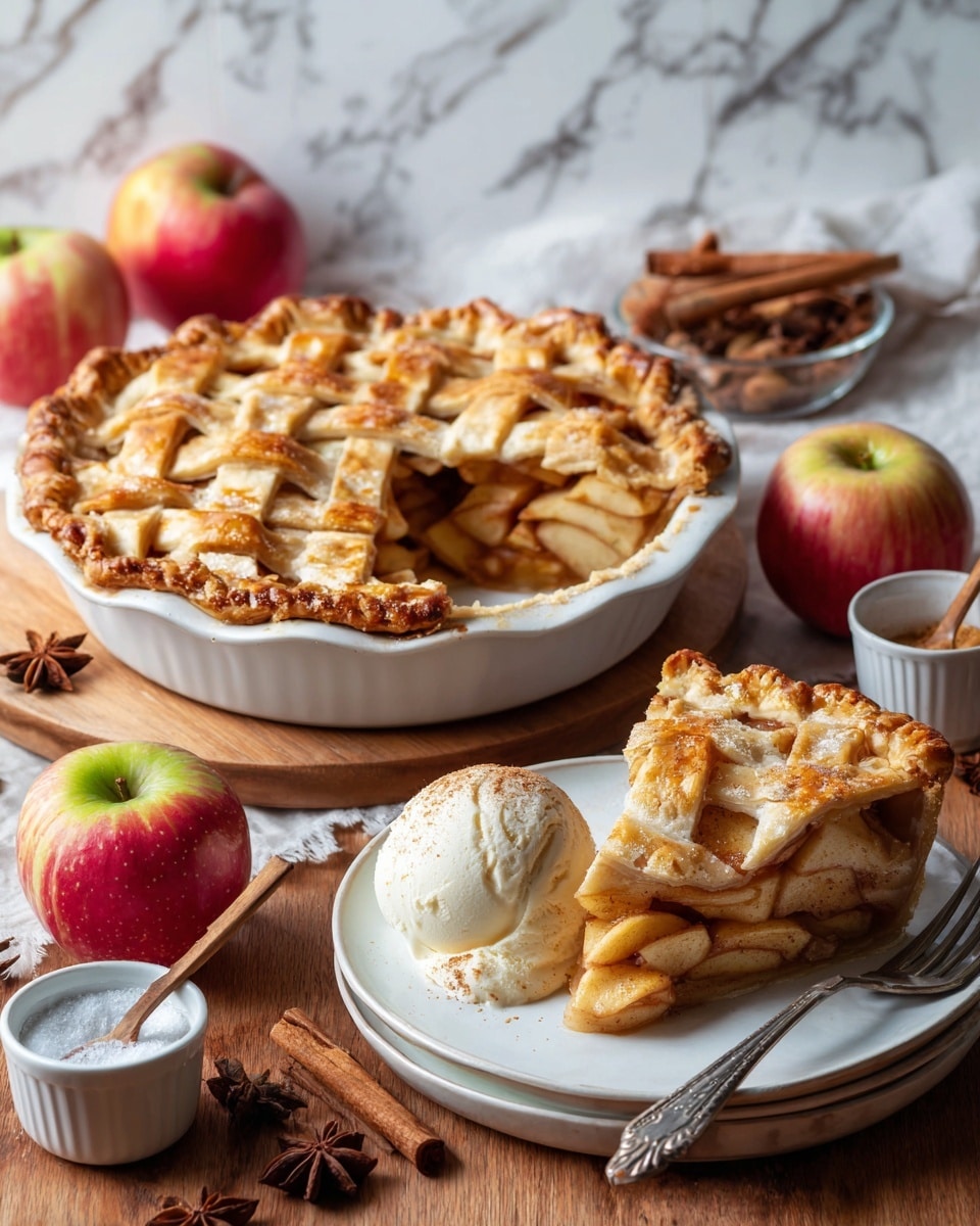 A golden brown apple pie with a lattice crust sits in a white ceramic pie dish with one triangular slice removed, showing thick layers of soft, cinnamon-spiced apple chunks inside. The lattice top is shiny and crisp, resting on a thick, flaky edge crust. The slice of pie is on a white plate in the foreground, topped with a scoop of melting vanilla ice cream that drips slightly down the warm apple filling. A woman's hand holds a spoon near the plate. Around the scene are fresh apple slices, whole apples, a small bowl of cinnamon, and other baking spices on a white marbled surface. photo taken with an iphone --ar 4:5 --v 7