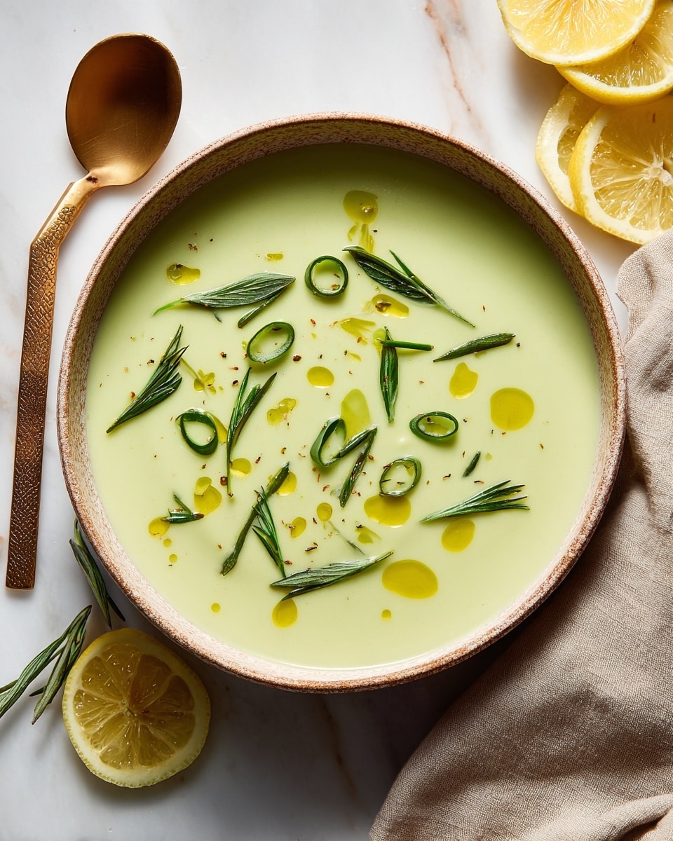 The image shows a bowl of creamy light green cold soup with a frothy surface. The soup is topped with small bright green pieces of chopped scallions and delicate sprigs of dark green dill. There are small drops and light swirls of golden olive oil scattered across the top, adding texture and color contrast. The bowl is beige with a simple rustic finish, placed on a white marbled surface. Around the bowl, there are partially visible lemon halves and a small white bowl with a creamy white sauce, along with a beige cloth napkin. The overall look is fresh and vibrant. photo taken with an iphone --ar 4:5 --v 7