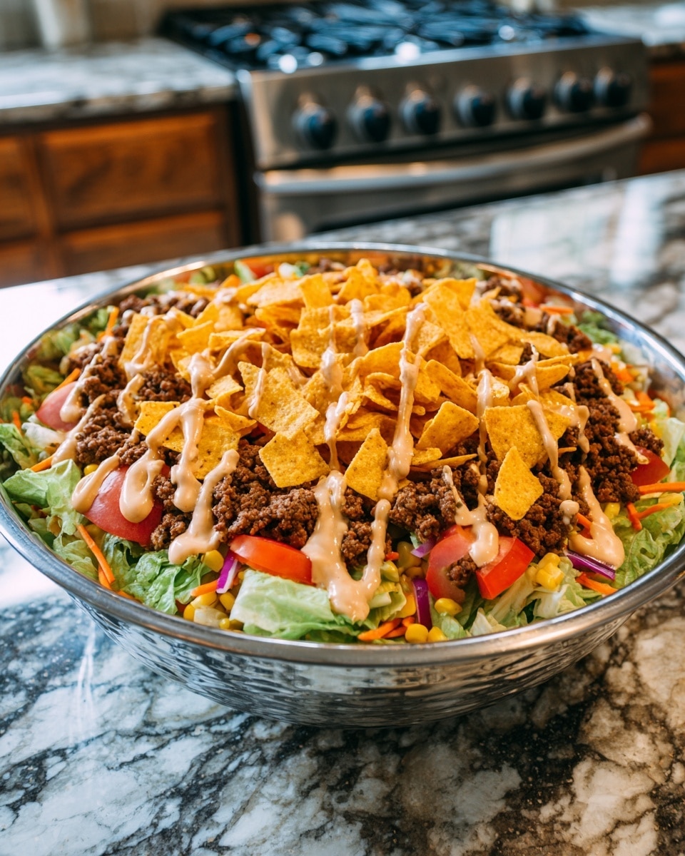 A large metal bowl filled with a layered taco salad is placed on a white marbled surface. The bottom layer is shredded green lettuce, topped with a mix of diced bright red tomatoes and yellow corn kernels. Above that are crunchy, triangular orange tortilla chips spread across the salad. Small chunks of browned ground meat are scattered mixed with thin orange carrot strips and bits of red onion. The entire salad is drizzled with a creamy, light green dressing, adding a smooth texture against the crunchy and fresh ingredients. In the background, a stove and kitchen cabinets are softly blurred. photo taken with an iphone --ar 4:5 --v 7