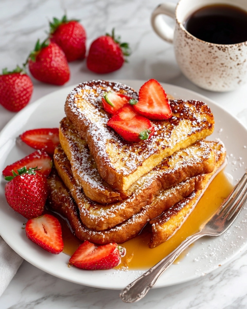 A white plate holds a stack of four thick slices of French toast arranged in a diagonal line from bottom left to top right, each slice golden brown with uneven toasted patches. The top two slices are dusted with powdered sugar, and three halved strawberries rest on the top slice. Around the stack, a few more halved strawberries are placed on the left side, bright red with seeds visible. On the right side, amber syrup pools under a silver fork with its handle extending off the plate slightly, and two strawberry halves sit in the syrup. The plate rests on a light wooden surface, and a speckled white cup with black coffee sits in the top right corner. Photo taken with an iphone --ar 4:5 --v 7