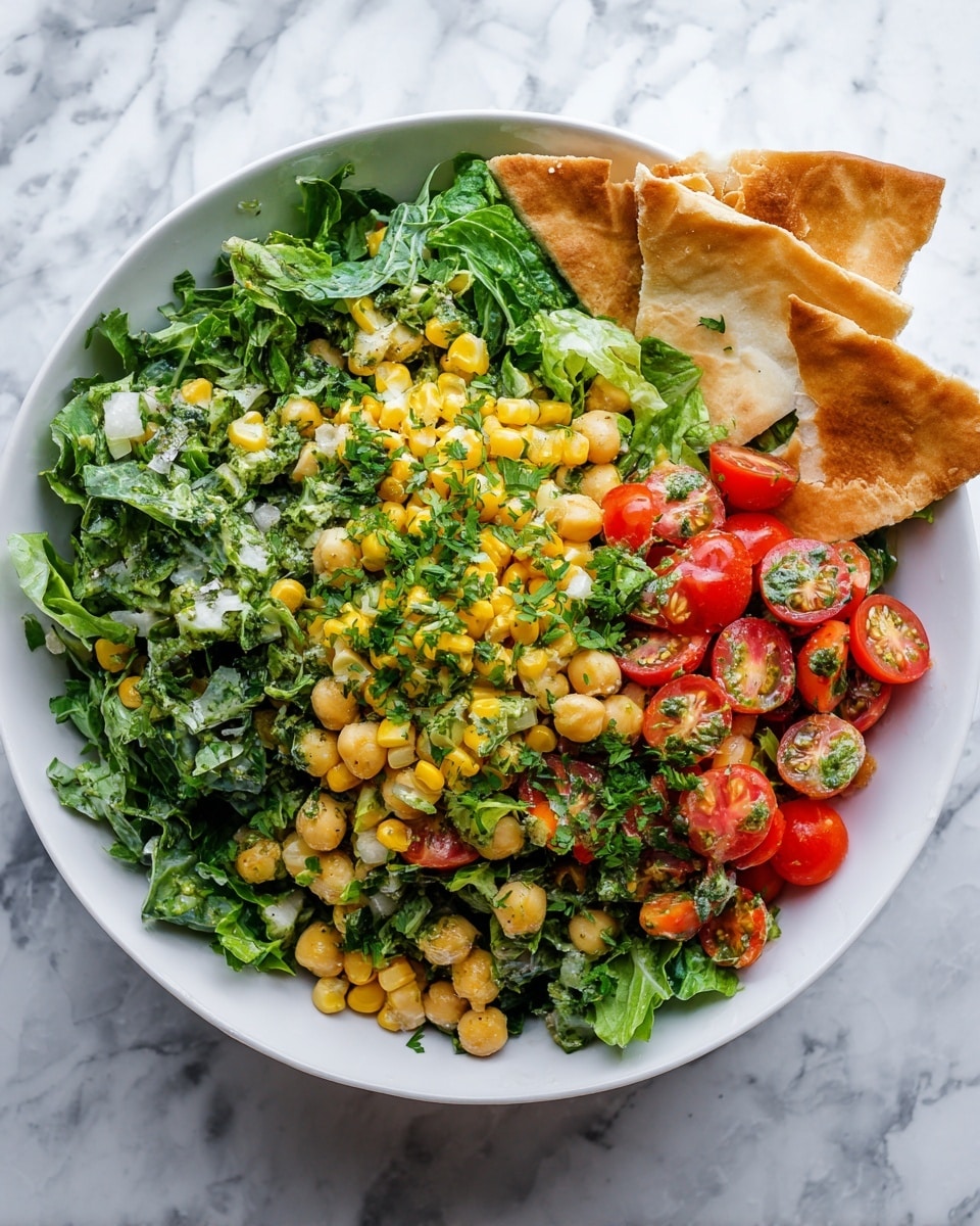 A white bowl filled with a colorful chickpea salad resting on a white marbled surface. The salad has three main layers: the bottom layer is a mix of green chopped herbs and leafy vegetables, the middle layer contains yellow chickpeas and black beans, and the top layer has bright red cherry tomato halves scattered throughout. A few white triangular pieces of flatbread are placed on the edge of the bowl, partly resting on the salad. The textures range from soft beans and tomatoes to crisp greens and crunchy flatbread. photo taken with an iphone --ar 4:5 --v 7