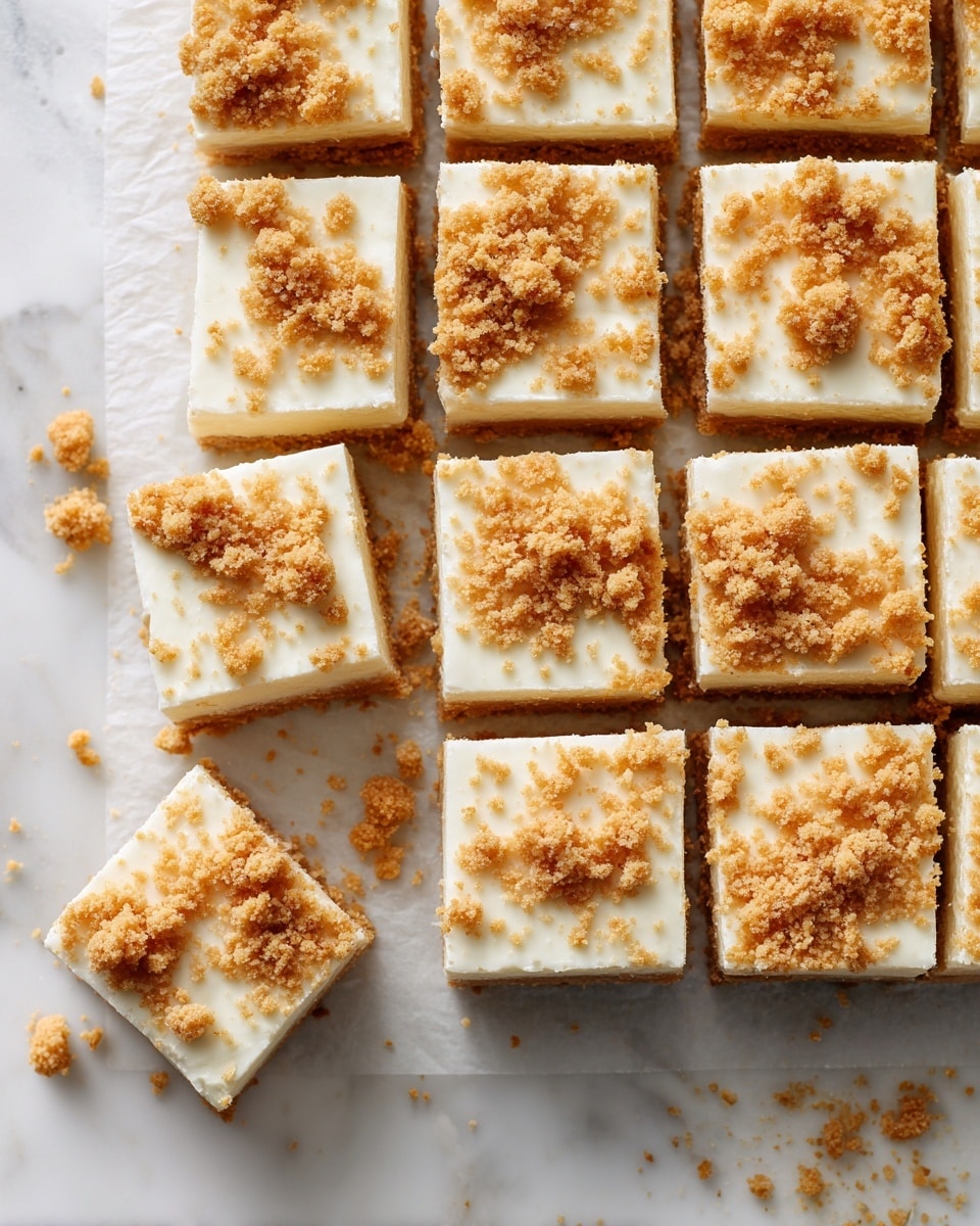The image shows a metal baking pan with twelve evenly cut square pieces of a creamy dessert arranged in three rows and four columns. Each square has a smooth, pale yellow top layer with a slightly glossy texture. On top of each piece, there is a sprinkle of light beige crumbly topping, scattered unevenly in small clusters. Around the pan on the white marbled surface, there are some loose crumbs matching the topping. The dessert appears soft and delicate, with clean, sharp edges on each square indicating careful cutting. Photo taken with an iphone --ar 4:5 --v 7