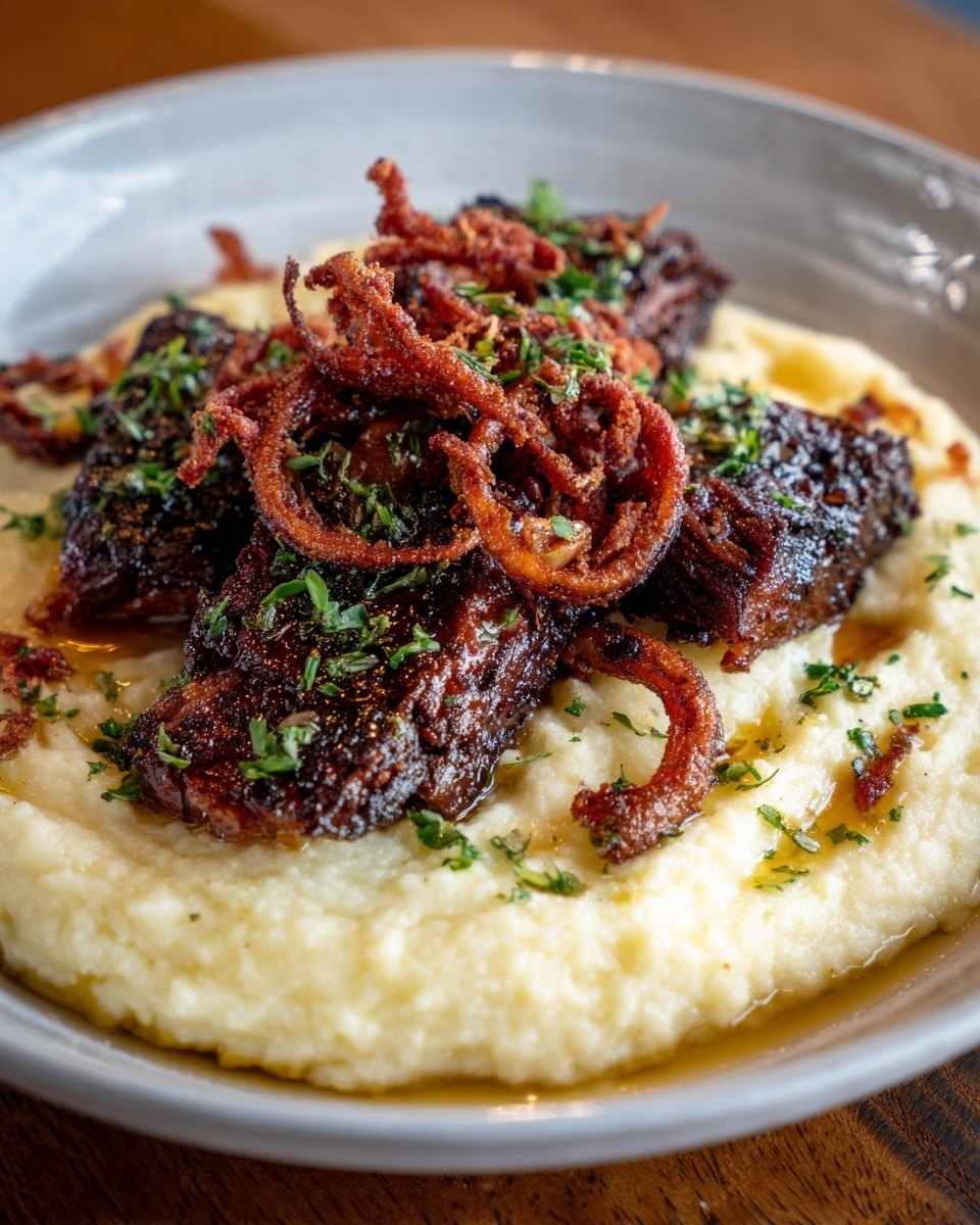 A white round plate holds a base layer of smooth, creamy mashed potatoes in off-white color, spread out in a half-moon shape on one side. On top and slightly overlapping the potatoes are three thick pieces of dark brown, seared beef with a rough, crispy texture. Scattered over the beef and potatoes are thin, curly, reddish-brown fried onion rings, along with small green parsley leaves for garnish. The dish is sprinkled lightly with black pepper and coarse seasoning. The plate rests on a white marbled surface. photo taken with an iphone --ar 4:5 --v 7