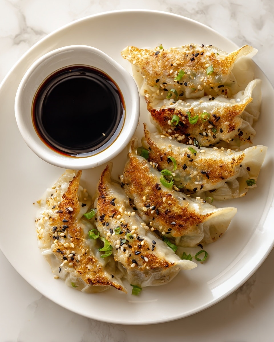 A white plate holds seven pan-fried dumplings arranged in a slight curve, each dumpling showing a crispy golden-brown bottom with toasted sesame seeds and small pieces of green onions sprinkled on top. The dumpling wrapper is semi-translucent, soft white with a delicate texture. Next to the dumplings, a small white bowl filled with dark soy sauce sits at the plate’s edge. The whole setup is placed on a white marbled surface with soft natural light from the side. photo taken with an iphone --ar 4:5 --v 7