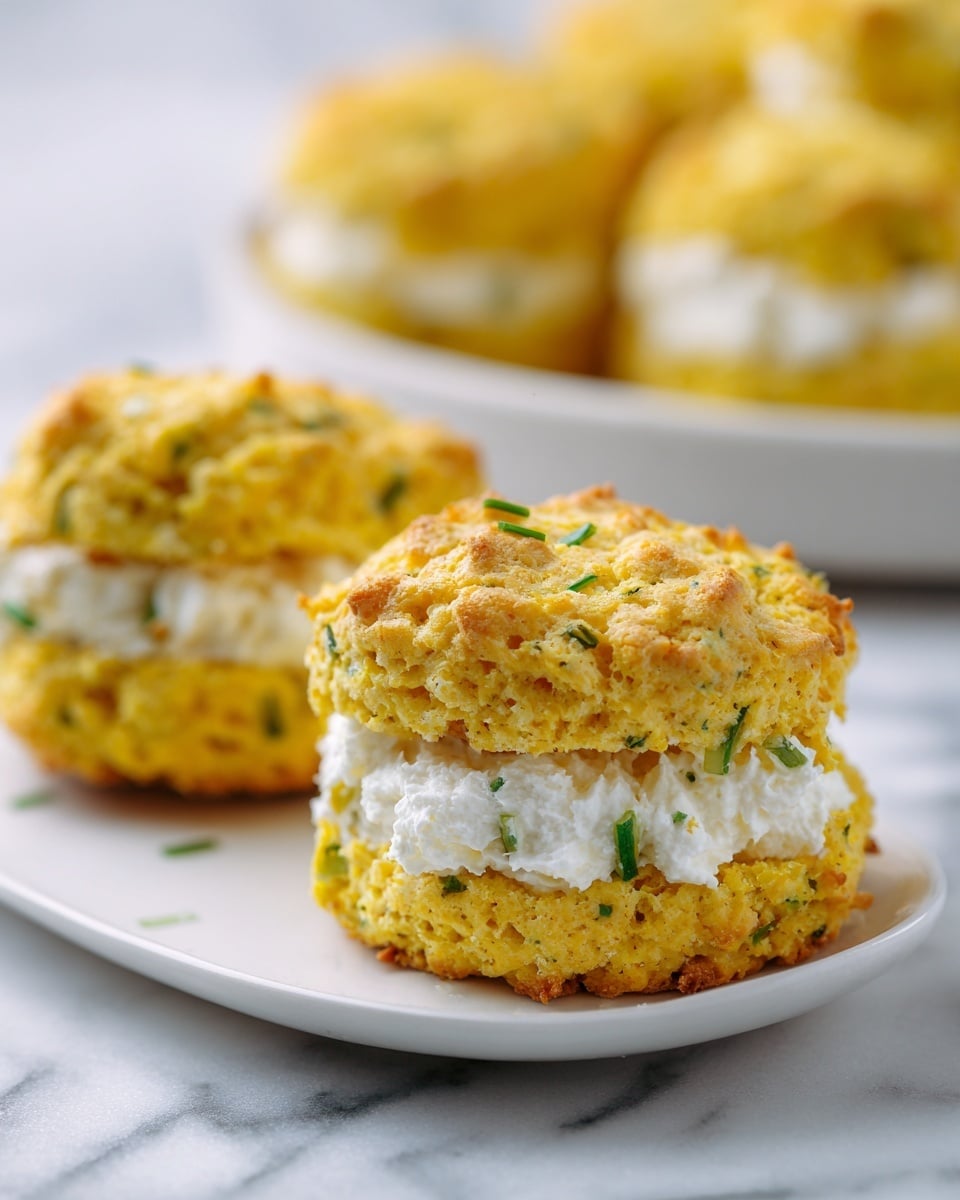 The image shows a close-up of a sandwich-like biscuit with two rough-textured, golden-yellow, thick round layers speckled with small green bits, possibly herbs. Between the two biscuit layers is a thick, uneven spread of white creamy filling, slightly oozing out at the edges. In the background, a white plate holds several more of these biscuit sandwiches, all on a surface with a white marbled texture. The focus is on the front biscuit sandwich, making the background soft and blurred. photo taken with an iphone --ar 4:5 --v 7