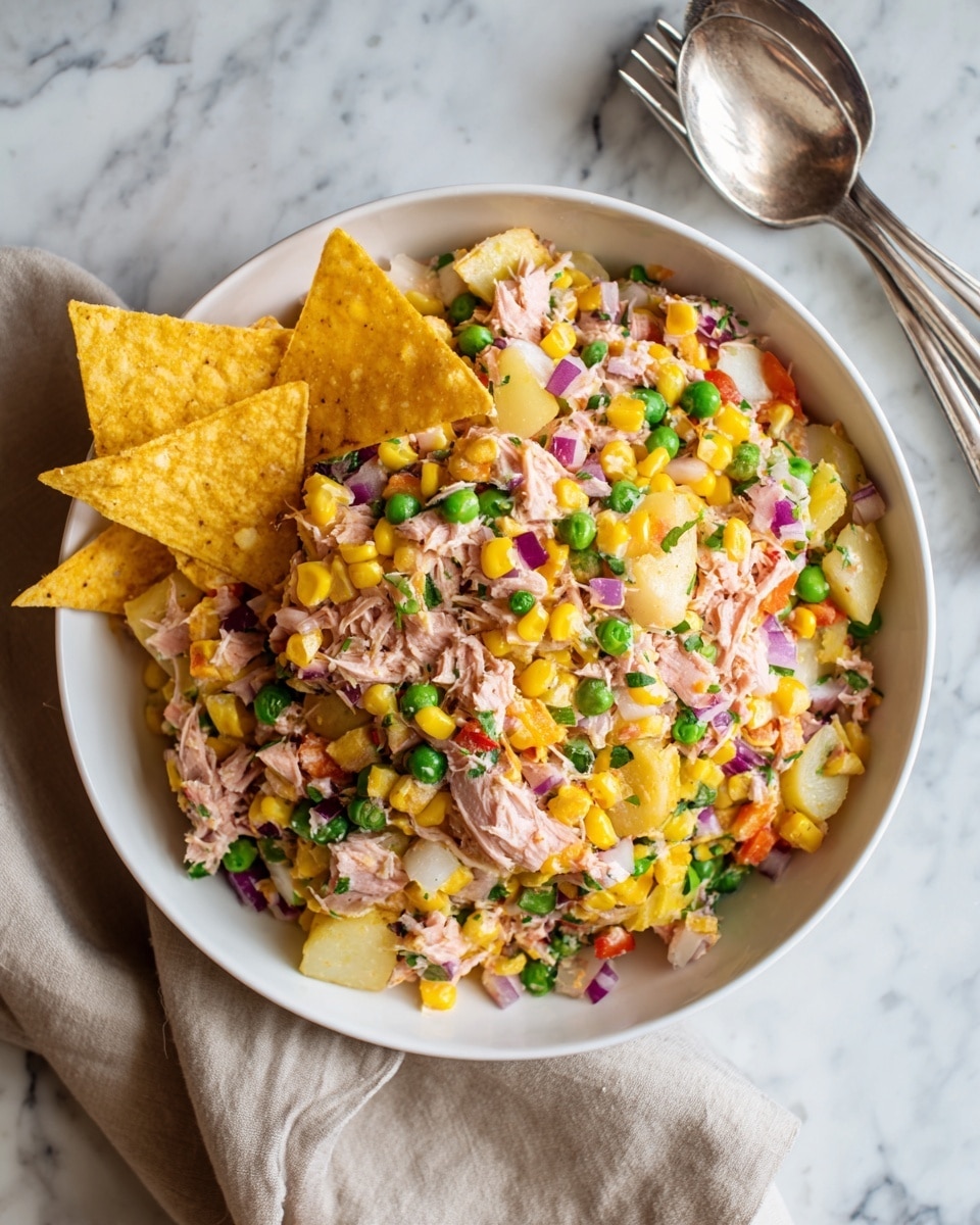 A white bowl filled with a mixed dish containing at least four visible layers: at the bottom, smashed yellow corn chips creating a crunchy textured base; the second layer is a mash of small tender light pink tuna chunks spread evenly; scattered throughout are bright green peas and yellow corn kernels adding pops of color; finely chopped pieces of red onion, pickles, and red pepper provide small dots of red, purple, and green hues; the whole dish has a creamy off-white sauce lightly coating the ingredients, and some black pepper is sprinkled on top. A few yellow corn chips are placed on the right side of the bowl and near the bowl on a white marbled surface. Two silver utensils sit off to the top right side. Photo taken with an iphone --ar 4:5 --v 7
