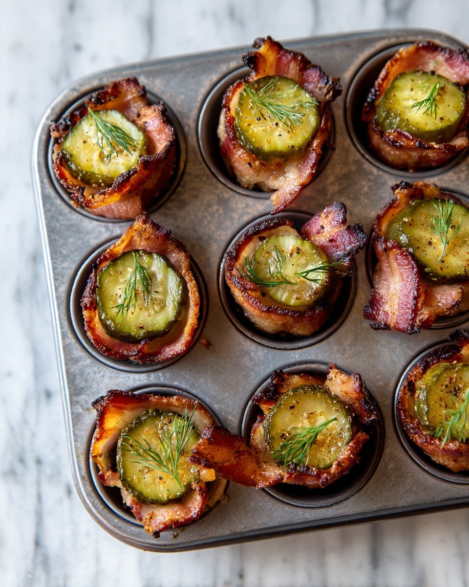 The image shows a metal muffin tray filled with nine savory bites. Each bite is made of a round green pickle slice placed on top of a layer of crispy, golden-brown bacon wrapped around a base, likely a piece of meat or vegetable. The bacon is browned and slightly curled, adding texture and depth to each piece. The pickle slices have a slightly charred, grilled look with visible seasoning and small fresh green dill sprigs on top, adding a touch of color. The whole tray sits on a white marbled surface, giving a clean and bright background. Photo taken with an iphone --ar 4:5 --v 7