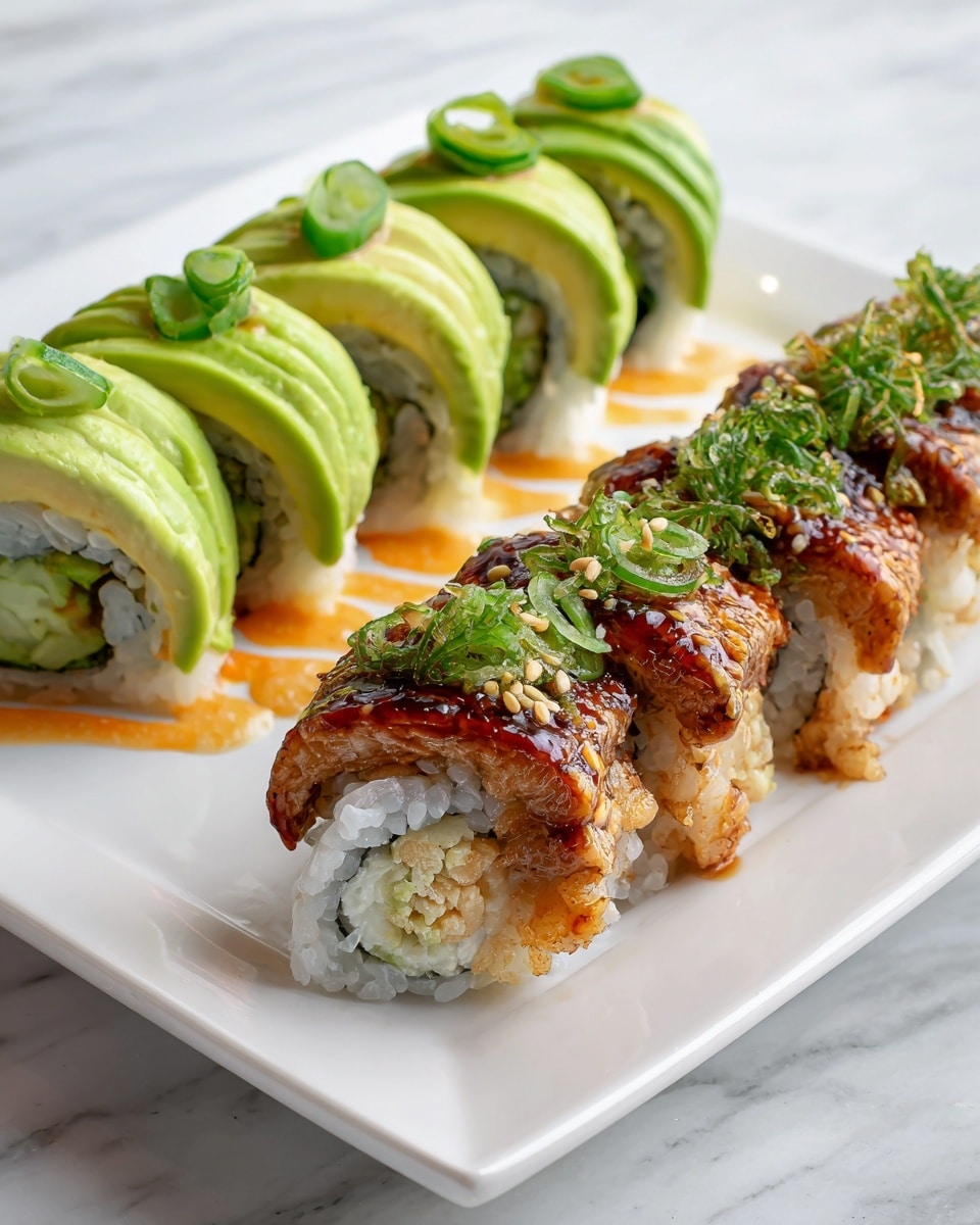 The image shows a white rectangular plate with three rows of sushi rolls placed side by side. The front row has sushi covered in thin, bright green slices of avocado topped with small green onion pieces and a light drizzle of creamy sauce. The middle row is glazed with a shiny dark brown sauce sprinkled with green onions. The back row is topped with finely chopped red tuna and also sprinkled with green onions. The rice and fillings inside each roll are visible at the cut ends, showing white rice and other ingredients. The background is a white marbled surface. Photo taken with an iphone --ar 4:5 --v 7