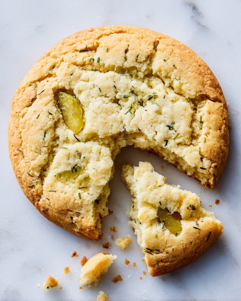 A single large, round cookie sits on a white marbled surface, showing a light golden-brown color with cracks on its surface. The cookie has three visible pieces of yellowish-green dill pickle embedded in it, spaced unevenly across the top. One small piece of the cookie is broken off and placed next to the cookie, revealing a soft, crumbly inside that matches the outer color. The cookie’s edges are slightly raised and thicker, with a drier texture compared to the softer center. Photo taken with an iphone --ar 4:5 --v 7