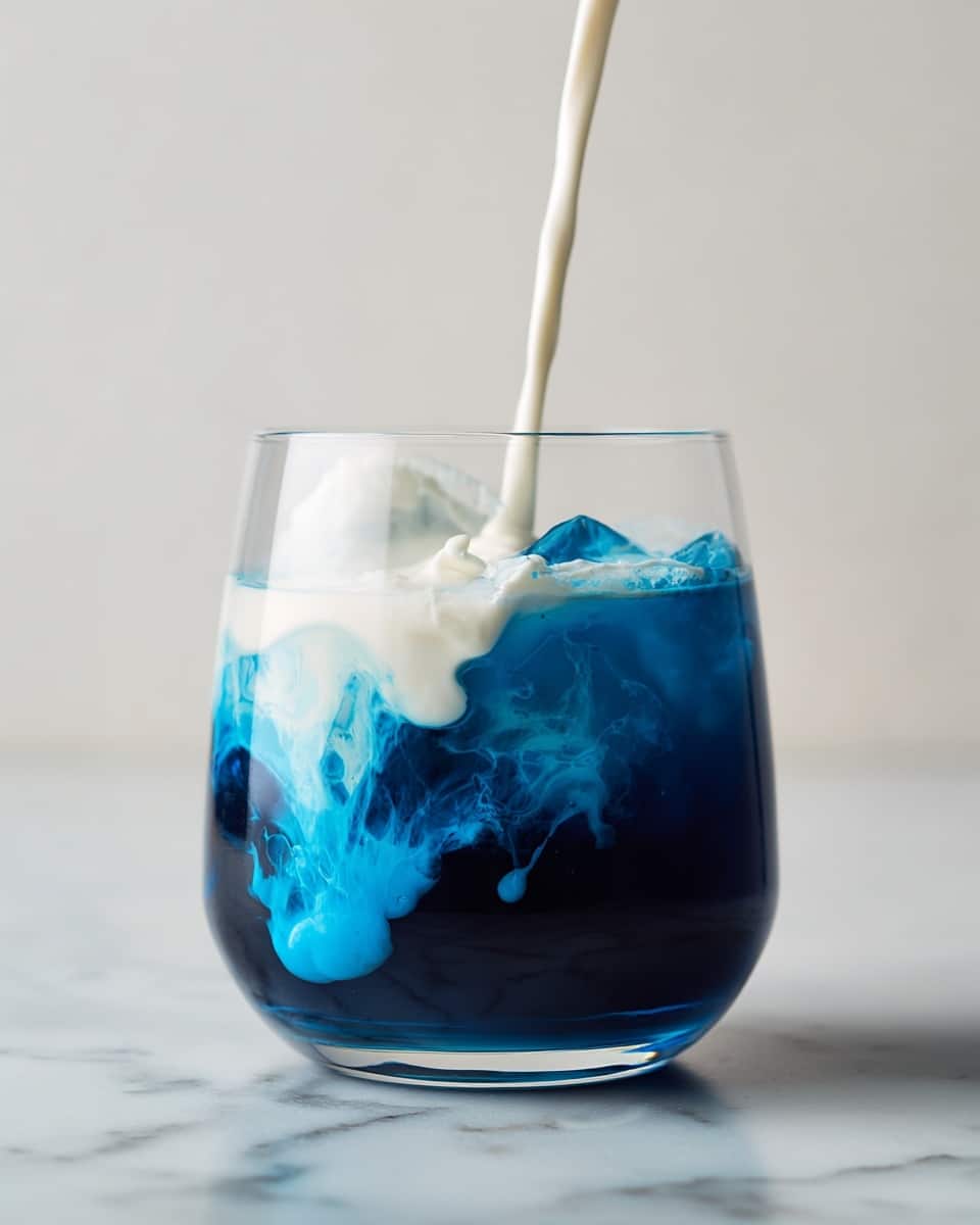 A clear glass is filled with dark blue liquid at the bottom, which has a smooth texture and looks cool with some lighter blue swirls inside. On top of the blue liquid, white creamy liquid is being poured, creating soft white waves and a cloudy mix where the two liquids meet. The glass is placed on a shiny white marbled surface, and the background is plain and light, making the colors in the glass stand out. photo taken with an iphone --ar 4:5 --v 7