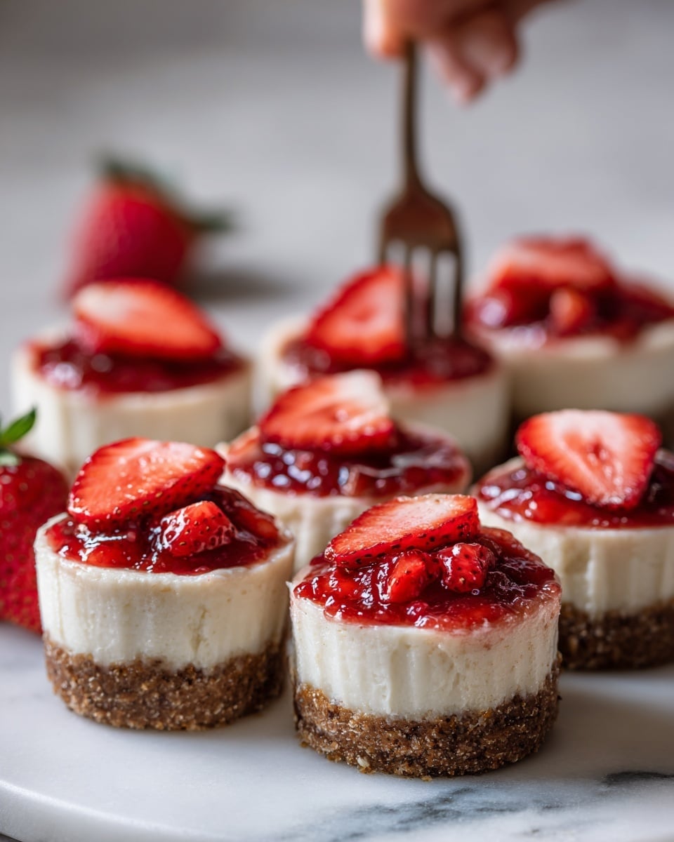The image shows six mini cheesecakes on a white marble surface, each cheesecake having three layers: a thick, crumbly brown base, a creamy off-white middle layer, and a topping of bright red strawberry slices and jam, making the whole dessert look fresh and sweet. The cheesecakes are round and small, with the strawberries adding a pop of color on top. Strawberries are scattered around the cheesecakes, and a woman's hand holding a small fork is in the blurred background. photo taken with an iphone --ar 4:5 --v 7