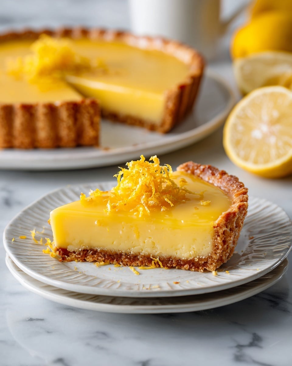 A lemon tart with three visible layers starts with a golden-brown, crisp crust base that has ridged edges all around. The middle layer is a thick, smooth, glossy bright yellow lemon filling that fills the crust fully, with a slightly shiny surface reflecting light. On top, there is a small, neat pile of thin lemon zest strips placed in the center. The tart sits on a white plate with a fine decorative edge, set on a surface with a white marbled texture. Photo taken with an iphone --ar 4:5 --v 7