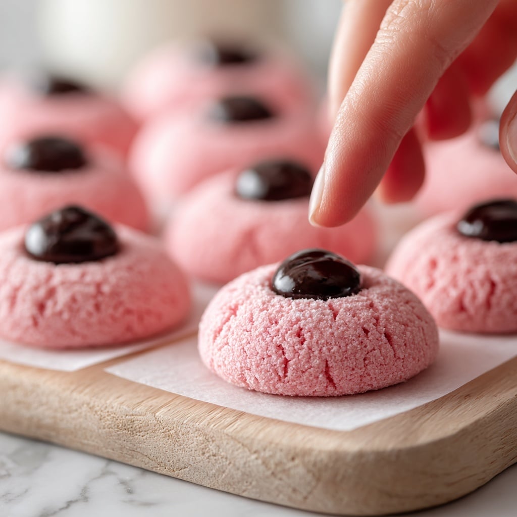 The image shows small round pink cookies with a soft, powdery texture. Each cookie has a chocolate drop placed in the center that is darker and glossy, contrasting nicely with the pink base. The cookies are placed on white small square paper sheets and arranged on a light wooden board. A woman's hand is gently touching one cookie from the top. The background is a white marbled texture. photo taken with an iphone --ar 4:5 --v 7