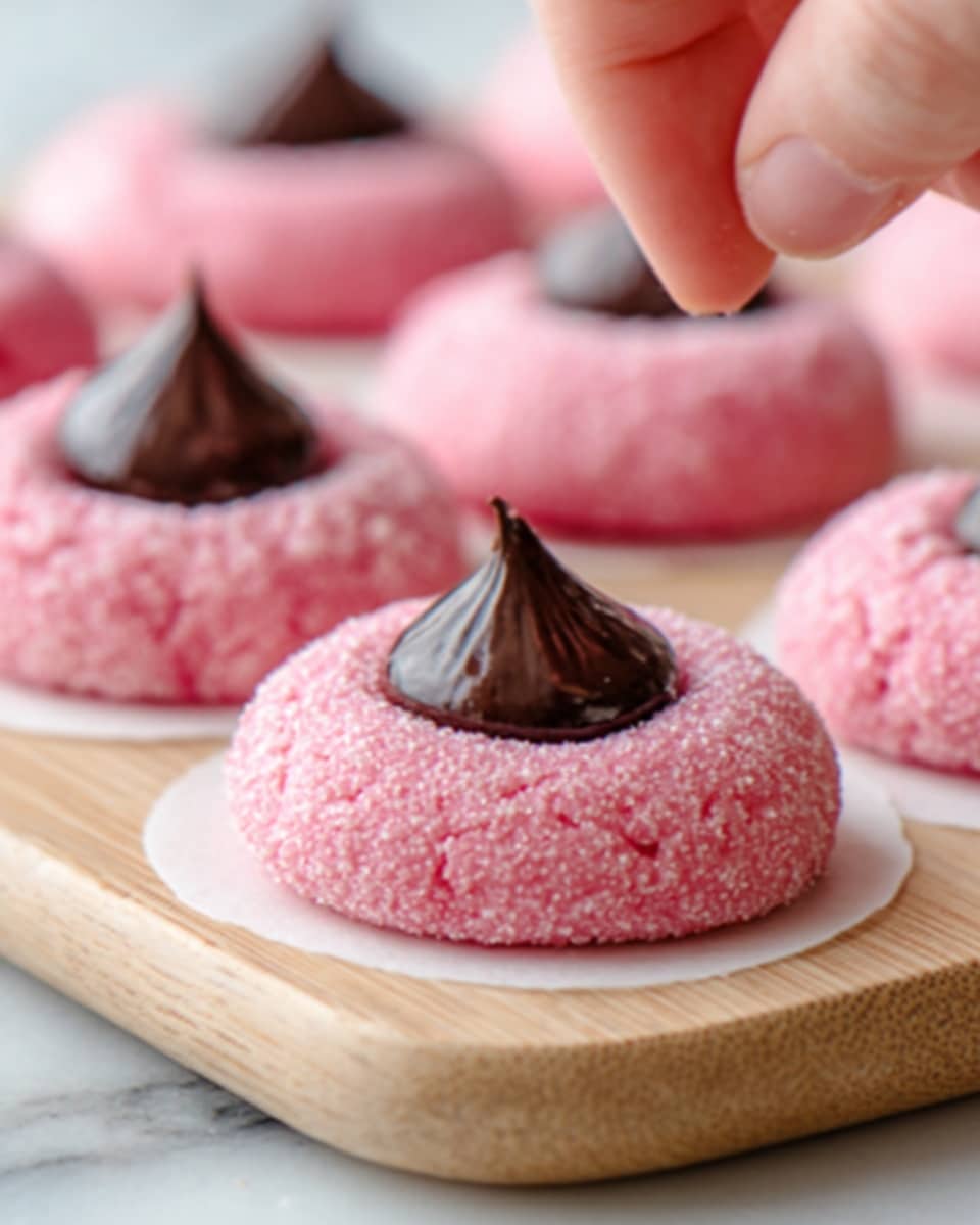 The image shows five soft-looking pink cookies arranged on a light wooden board over a white marbled surface. Each cookie has a round base with a slightly rough, sugar-coated texture and a shiny dark chocolate kiss placed in the center, slightly pressed into the dough. Beneath each cookie is a small square of white parchment paper with faint red pattern. The pink of the cookies is soft and contrasts nicely with the rich brown of the chocolate. Photo taken with an iphone --ar 4:5 --v 7