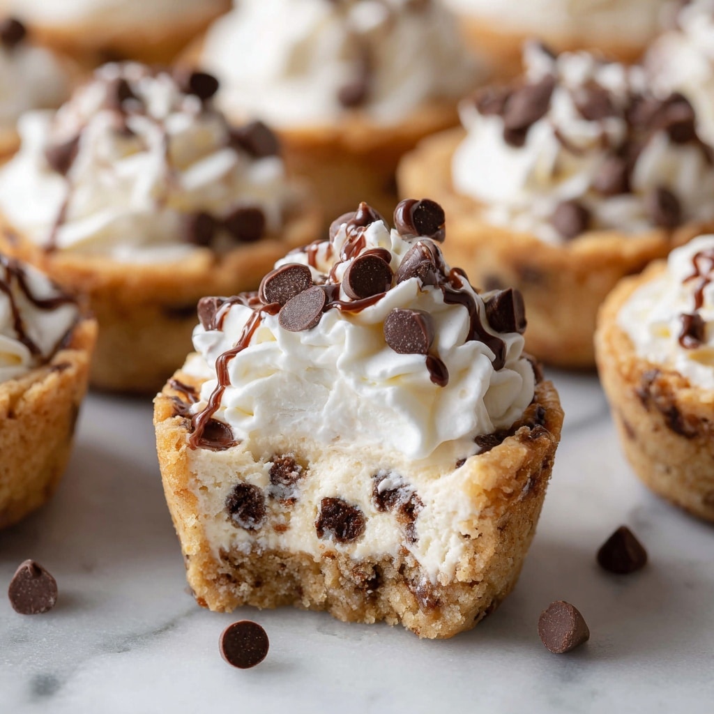 A close-up of a cookie cup dessert with two main layers: a thick golden brown crumbly cookie base filled with darker chocolate chips, topped with a creamy, white, smooth filling that also contains small chocolate chips mixed inside, and finished with several large, dark chocolate chips scattered on top; additional cookie cups in the background show variations with chocolate drizzle and peanut butter swirls, all placed on a white marbled surface. photo taken with an iphone --ar 4:5 --v 7