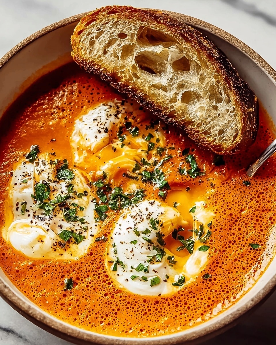 A rustic bowl filled with rich, creamy orange soup topped with two soft poached eggs, their whites tender and slightly broken, revealing a golden yolk. The surface of the soup is sprinkled with finely chopped green herbs and a dusting of black pepper and paprika, adding texture and color contrast. Nestled into the soup is a slice of crusty, white bread with airy holes and a golden crust. The bowl sits on a white marbled texture, highlighting the warm colors of the soup, photo taken with an iphone --ar 4:5 --v 7