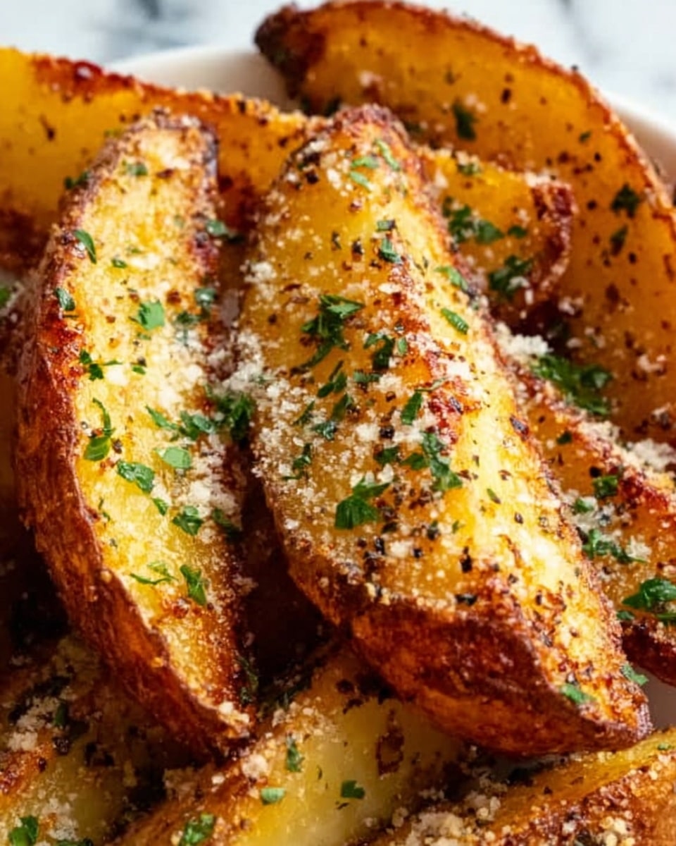 This close-up image shows several thick potato wedges with a crispy, golden brown outer layer speckled with black pepper and seasoning. The wedges are sprinkled generously with finely chopped green herbs and a light dusting of grated white cheese that melts slightly over the surface. The texture of the potatoes looks crunchy on the outside while soft inside. The wedges are arranged closely together on a white surface with a white marbled texture visible in the background. photo taken with an iphone --ar 4:5 --v 7