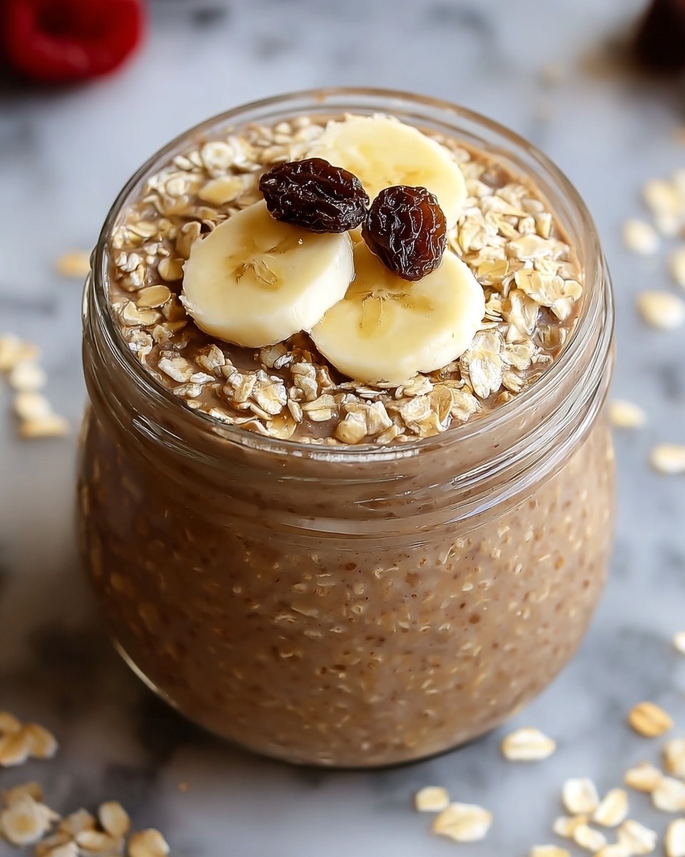 A clear glass jar filled with a thick, creamy light brown mixture of oats soaked in liquid, topped with thin slices of pale yellow banana arranged in a small stack, scattered golden rolled oats around the banana, and a few dark brown raisins placed on top. The jar sits on a white marbled surface with scattered oats and blurred red berries in the background. photo taken with an iphone --ar 4:5 --v 7