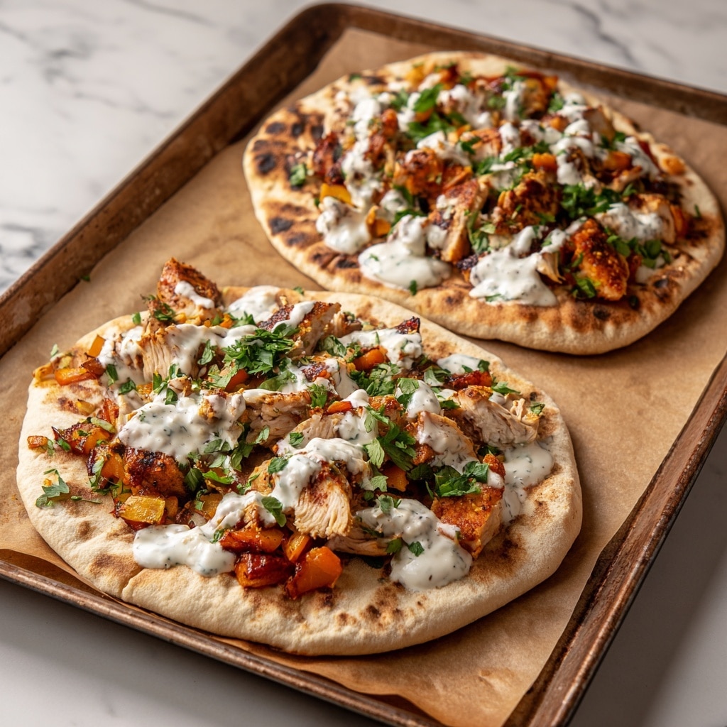 The image shows two folded white pita breads placed on a baking sheet lined with brown parchment paper, sitting on a white marbled surface. Each pita has a base layer of flatbread with a soft and slightly toasted texture, topped with chunks of glazed orange chicken mixed with small pieces of roasted red vegetables. Over the chicken, there is a generous drizzle of creamy white herby ranch sauce with visible green herb bits, and fresh green parsley leaves scattered on top. The layers create a colorful and fresh look with the warm tones of the chicken and flatbread contrasting with the cool white and green of the sauce and herbs. Photo taken with an iphone --ar 4:5 --v 7