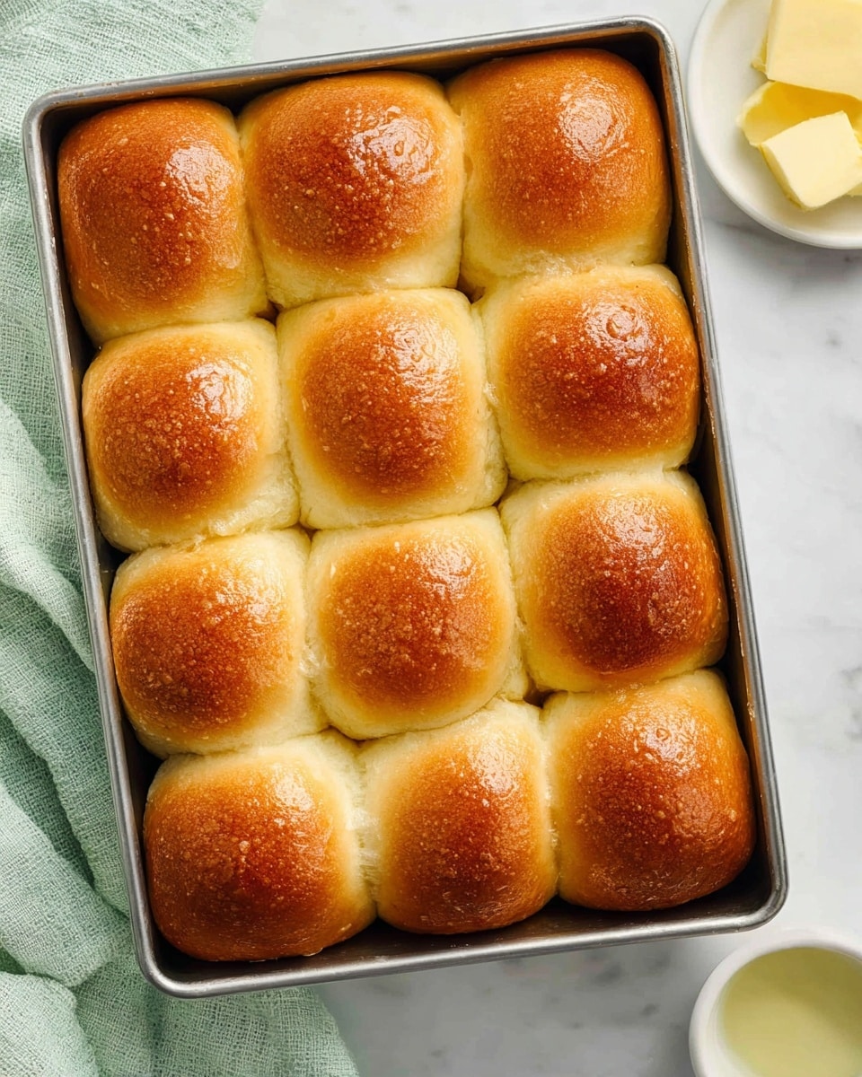 A metal baking tray holds 15 shiny, golden brown dinner rolls arranged in a neat 3 by 5 grid, touching each other slightly and showing soft textures with smooth, glossy tops. The rolls have a light tan base that contrasts with their darker brown tops, and the tray is placed on a white marbled surface. To the left is a crumpled light green cloth, and on the top right, a white bowl with butter cubes can be seen. Photo taken with an iphone --ar 4:5 --v 7