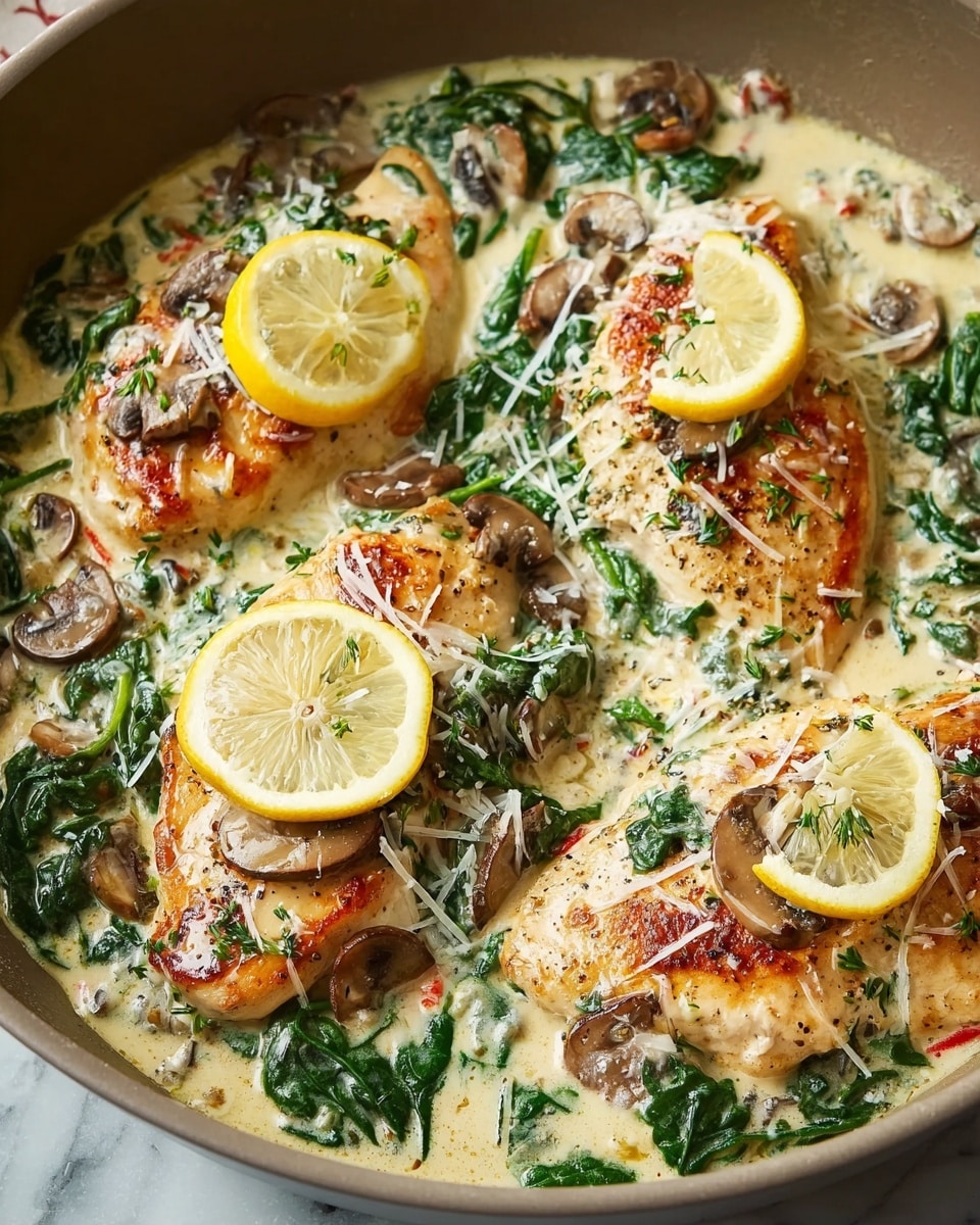 A close-up view of four light brown grilled chicken breasts covered in a creamy white sauce mixed with green spinach leaves, sliced brown mushrooms, and small red pepper pieces, all in a round pan. Each chicken breast is topped with a thin yellow lemon slice and some grated white cheese strands, with specks of herbs sprinkled all around. The pan is placed on a white marbled texture in soft natural light. Photo taken with an iphone --ar 4:5 --v 7