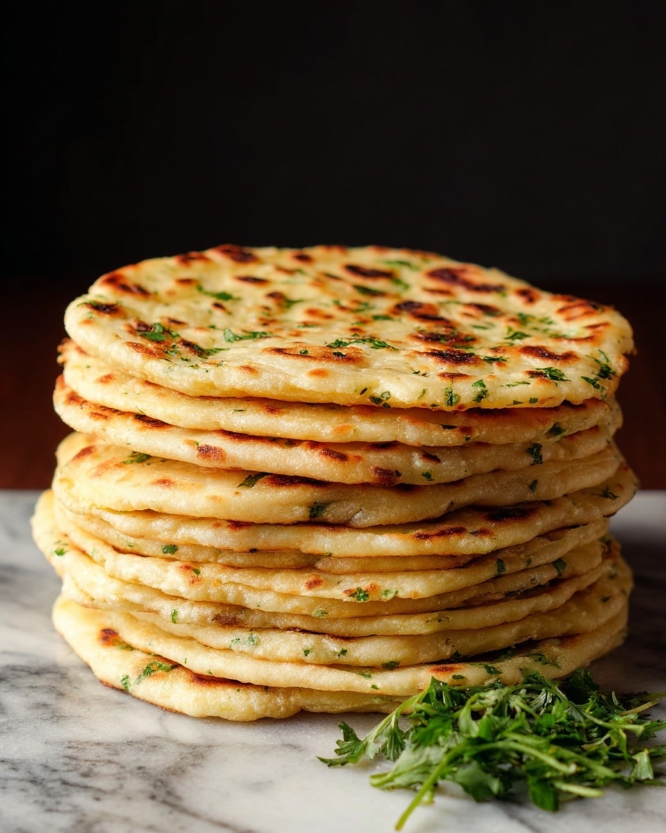 A tall stack of about ten flatbreads is shown, each layer golden brown with darker toasted spots and sprinkled with small green herb bits, likely cilantro or parsley. The flatbreads have a soft, slightly puffy texture and are unevenly round, stacked neatly on a flat surface. In front of the stack lies a small sprig of green leafy herbs. The background is dark, making the warm colors of the flatbreads stand out against the white marbled texture surface below. photo taken with an iphone --ar 4:5 --v 7