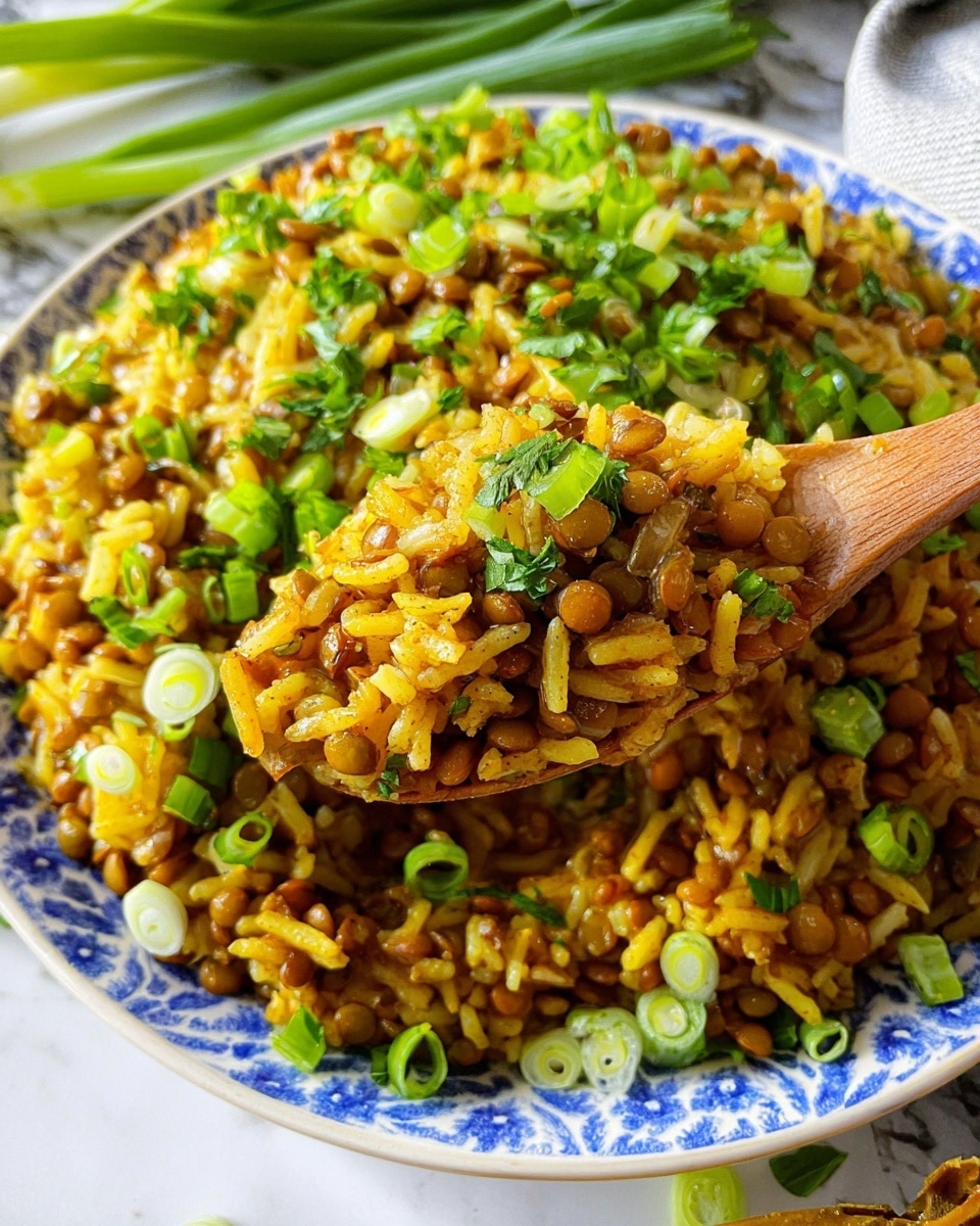 A close-up view of a colorful dish in a white plate with a blue pattern along the edge, filled with a mix of yellowish cooked rice and small brown lentils, garnished with bright green chopped herbs and sliced green onions scattered on top. The rice and lentils are well mixed, showing a soft texture with some visible cooked onion pieces, and a golden yellow color from spices. A wooden spoon is scooping a portion from the plate, lifting the rice and lentil mix. The setting is on a white marbled textured surface with some green onion stalks in the background. Photo taken with an iphone --ar 4:5 --v 7