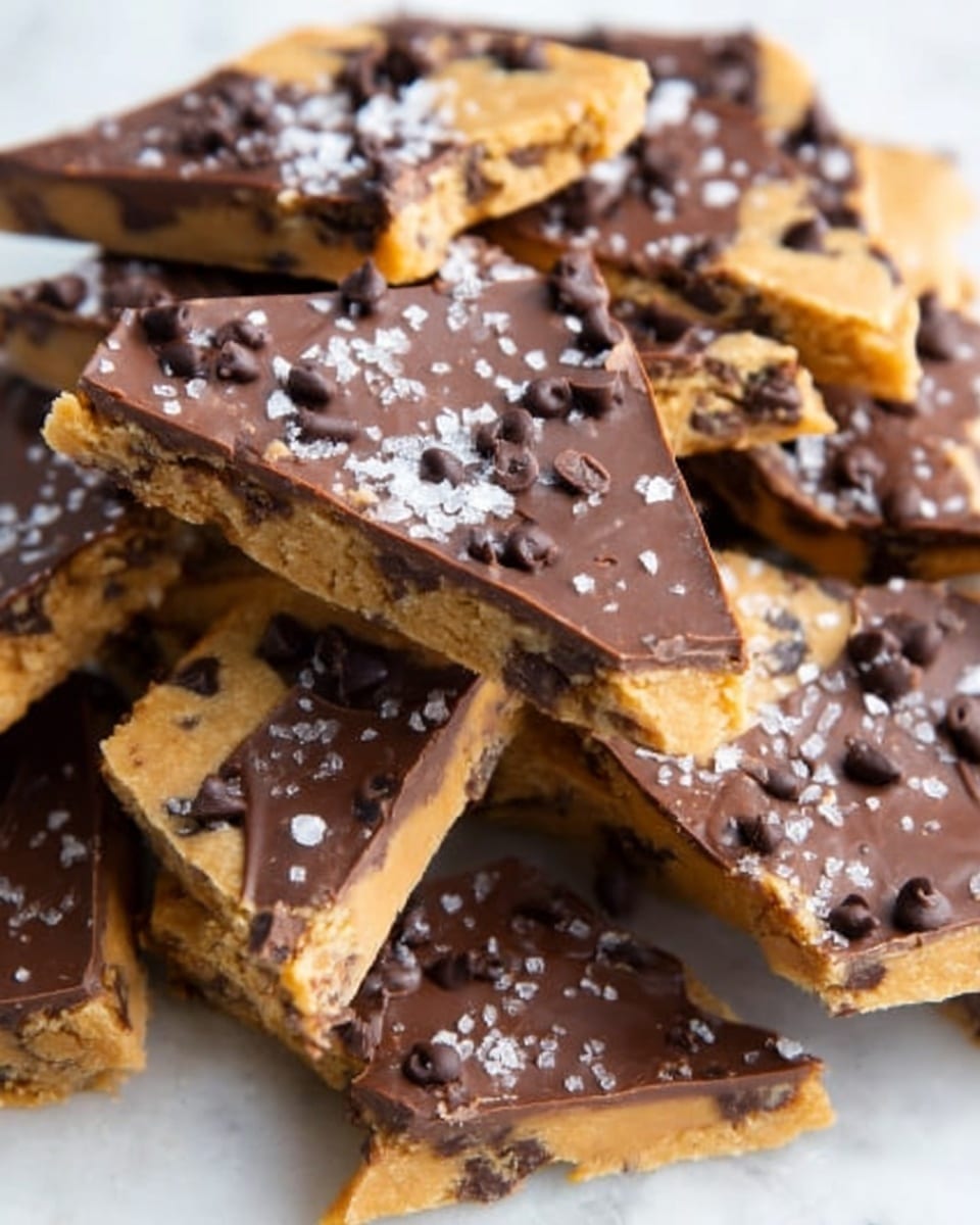 The image shows a close-up of broken pieces of cookie bark, stacked irregularly. Each piece has a base layer of golden brown cookie dough with visible chocolate chips embedded throughout. On top of the cookie base, there is a smooth, thick layer of dark brown chocolate that covers the whole surface of each piece. Light sprinkles of white salt crystals are scattered over the chocolate, adding texture and contrast. The pieces vary in size and are laid over a white marbled surface. Photo taken with an iphone --ar 4:5 --v 7